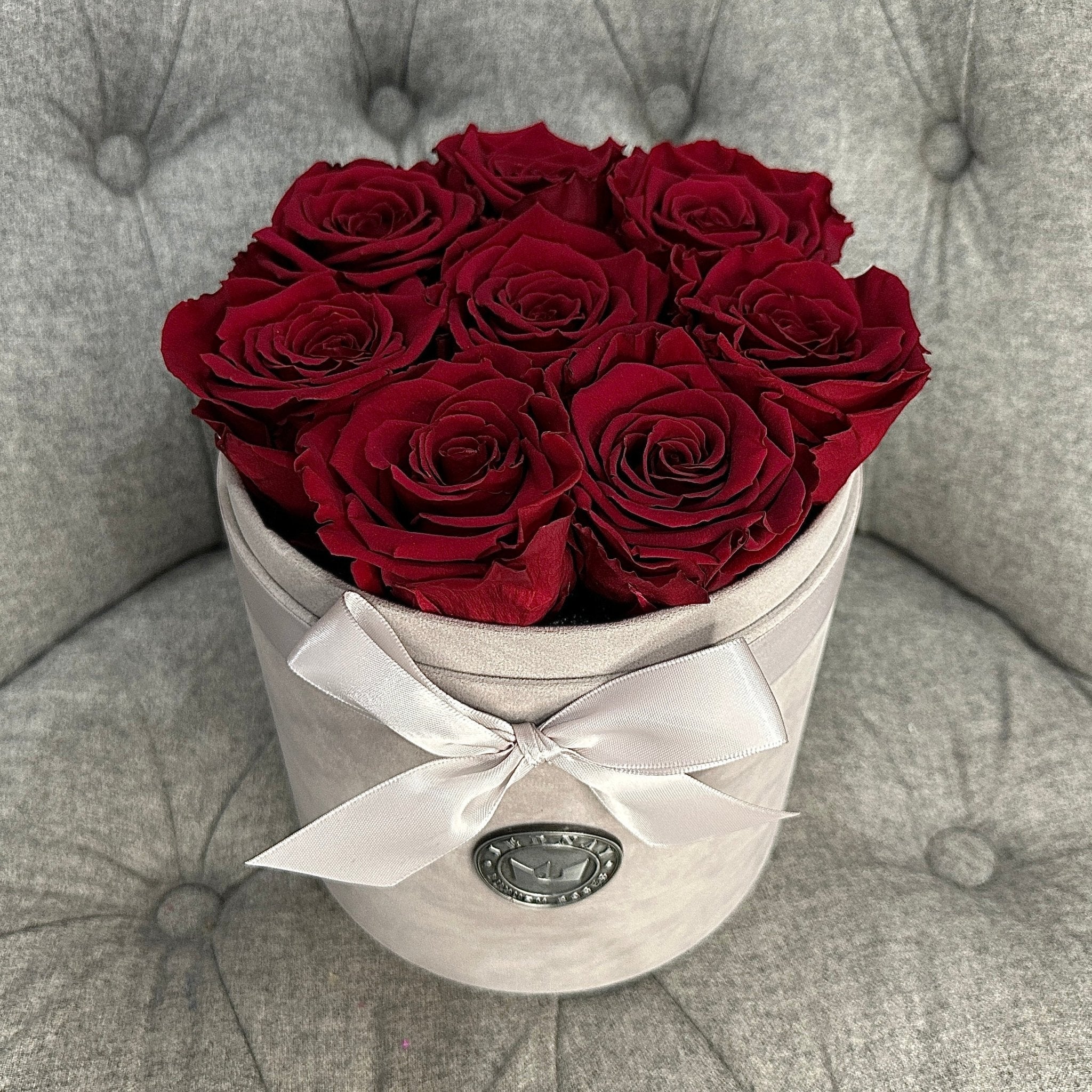 Medium Grey Suede Forever Rose Box - Red Red Wine Eternal Roses - Jednay Roses