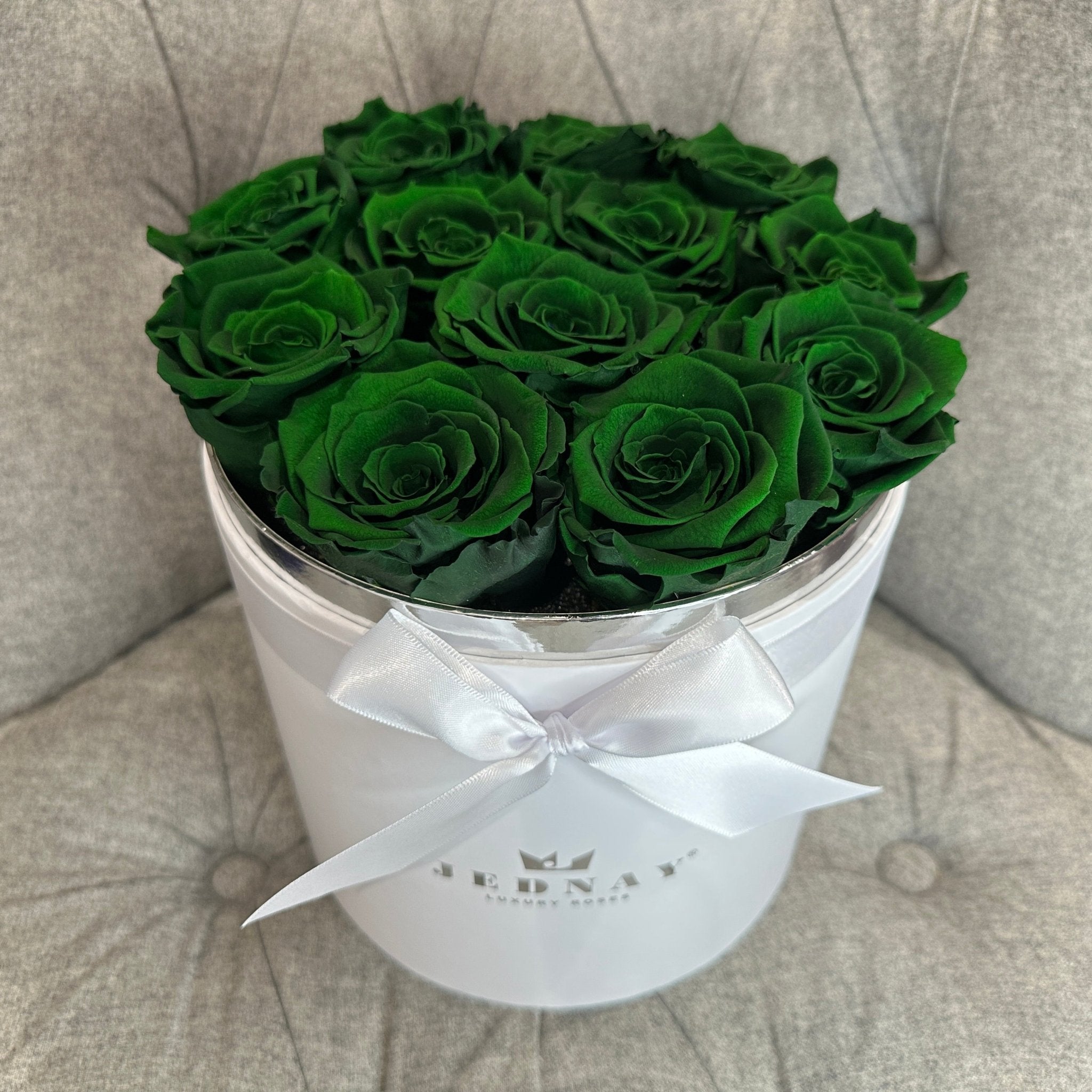 Large Classic White Forever Rose Box - Deep Forest Green Eternal Roses - Jednay Roses
