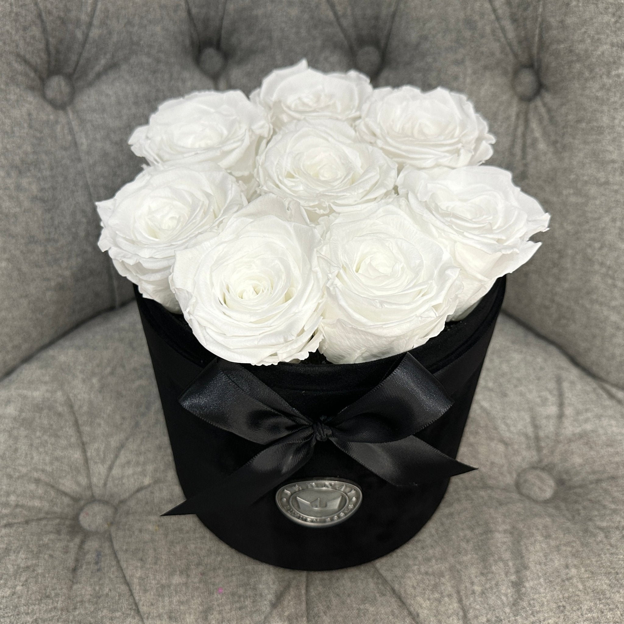 Medium Black Suede Forever Rose Box - Angel White Eternal Roses - Jednay Roses