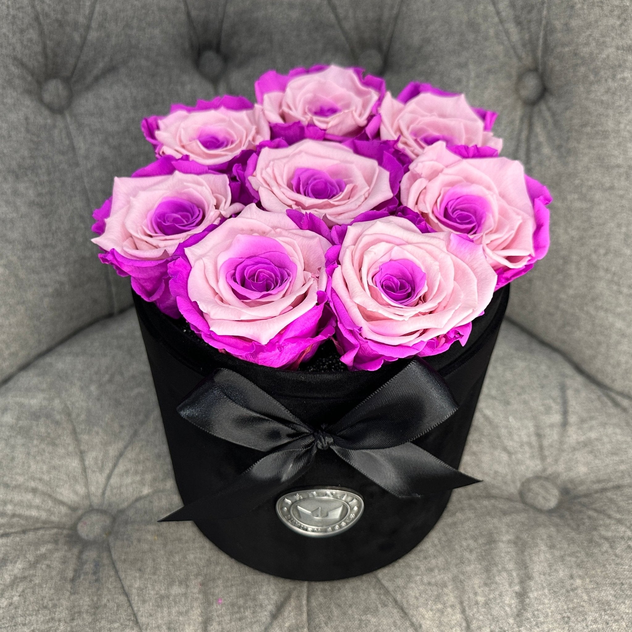 Medium Black Suede Forever Rose Box - Candy Floss Eternal Roses - Jednay Roses