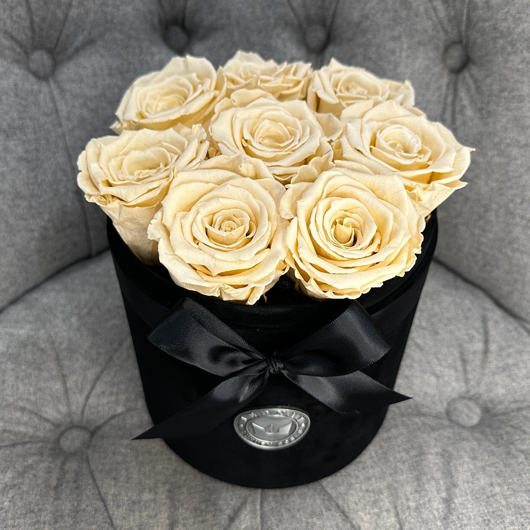 Medium Black Suede Forever Rose Box - Champagne Eternal Roses - Jednay Roses