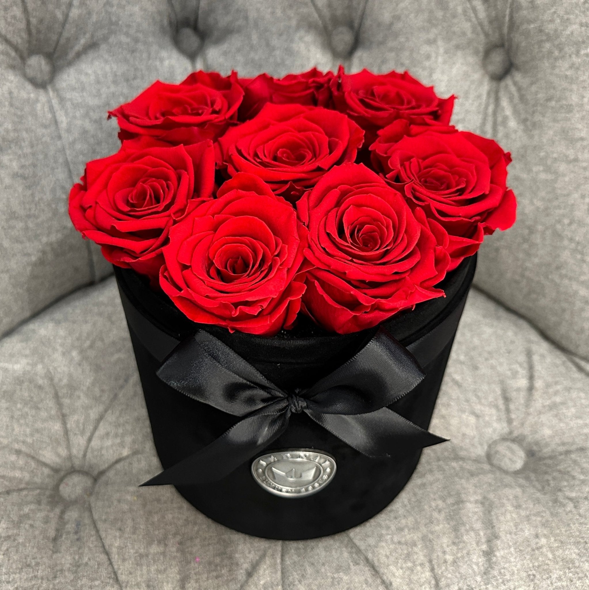 Medium Black Suede Forever Rose Box - Classic Red Eternal Roses - Jednay Roses