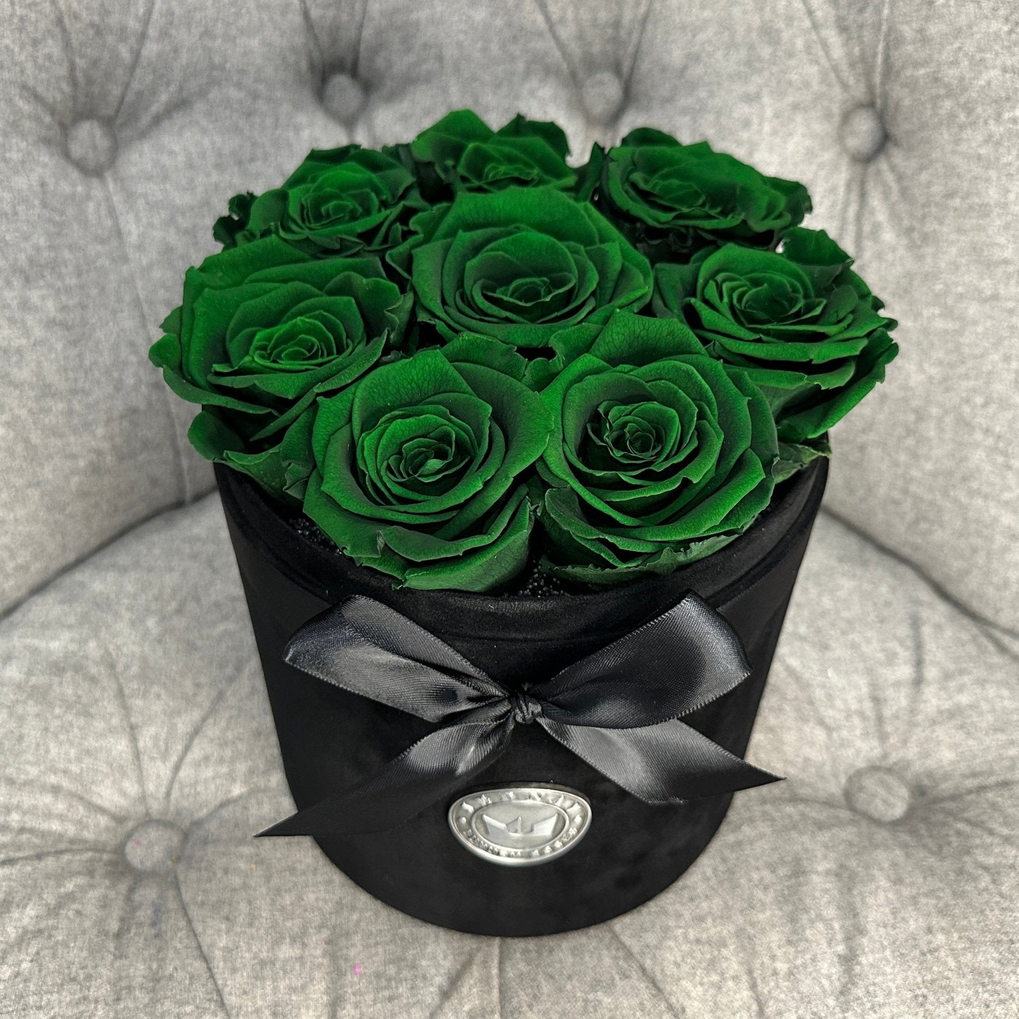 Medium Black Suede Forever Rose Box - Deep Forest Green Eternal Roses - Jednay Roses