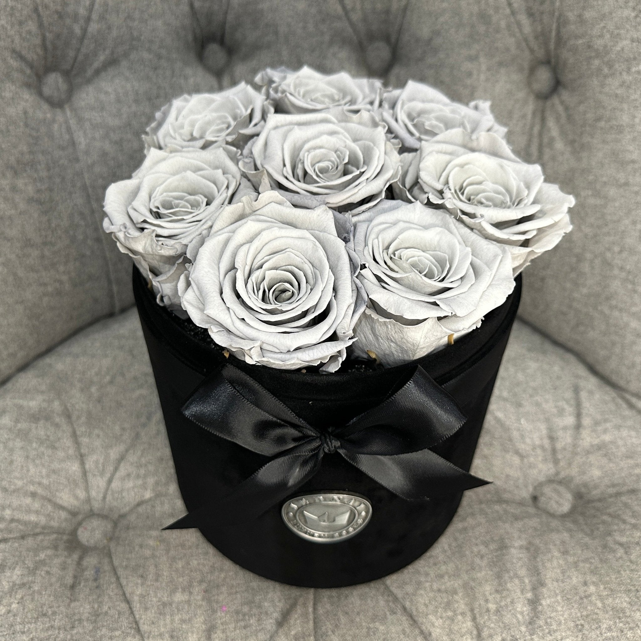 Medium Black Suede Forever Rose Box - Graceful Grey Eternal Roses - Jednay Roses