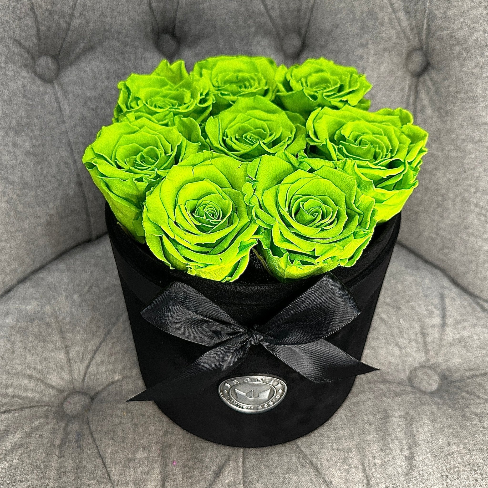 Medium Black Suede Forever Rose Box - Limeade Eternal Roses - Jednay Roses