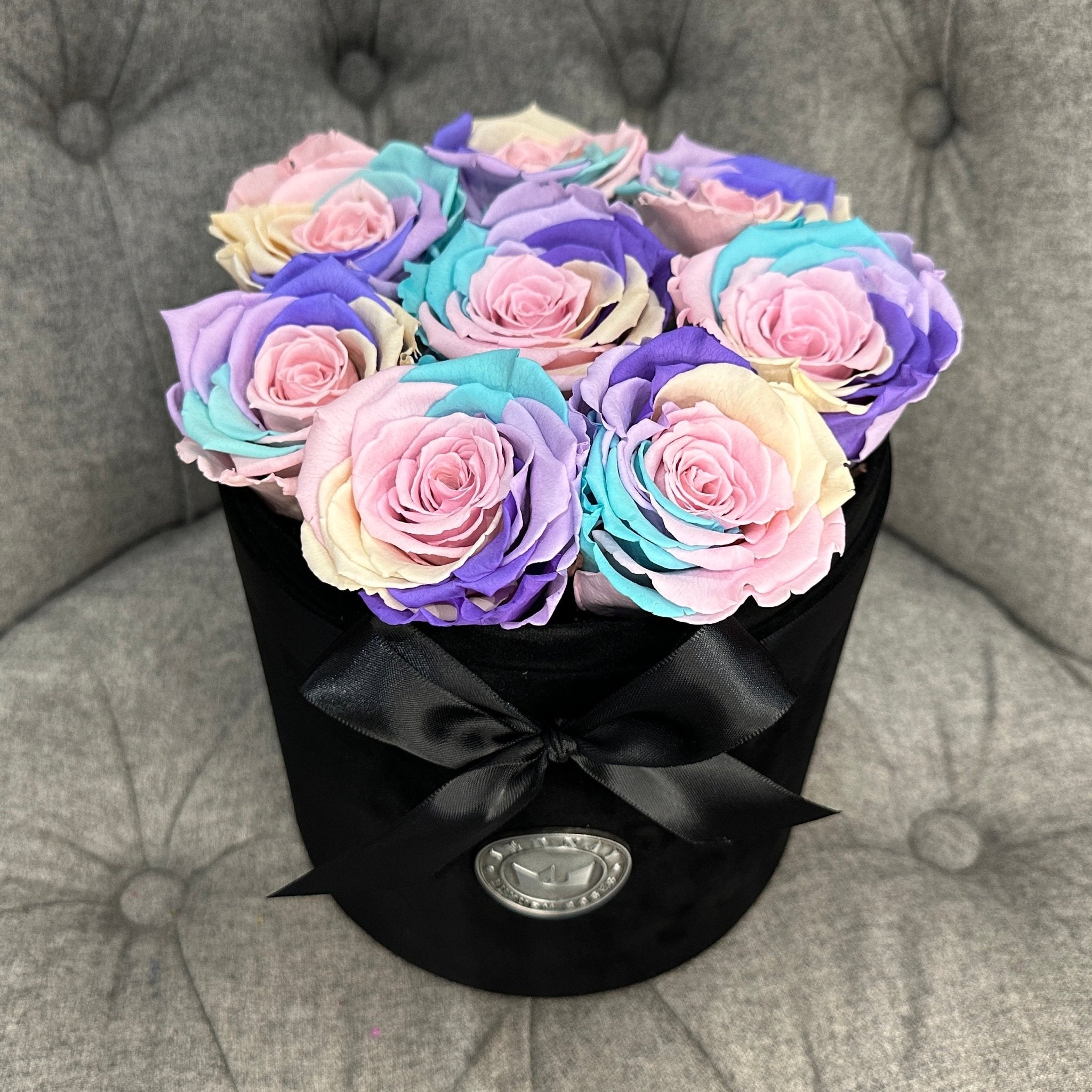 Medium Black Suede Forever Rose Box - Over The Rainbow Eternal Roses - Jednay Roses