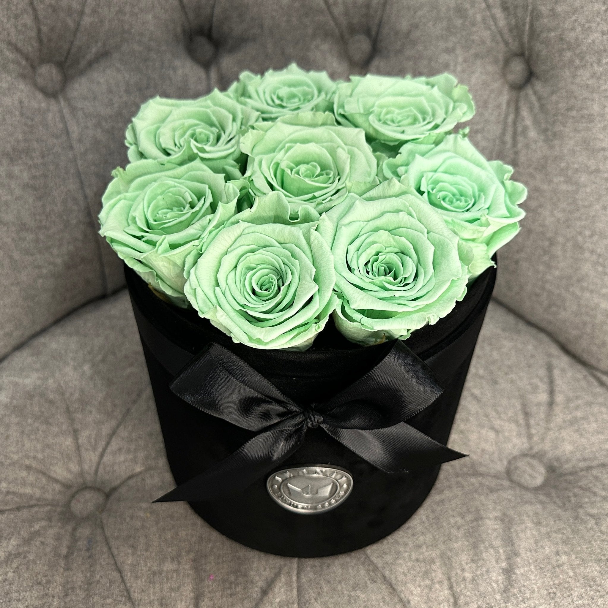 Medium Black Suede Forever Rose Box - Peppermint Tea Eternal Roses - Jednay Roses