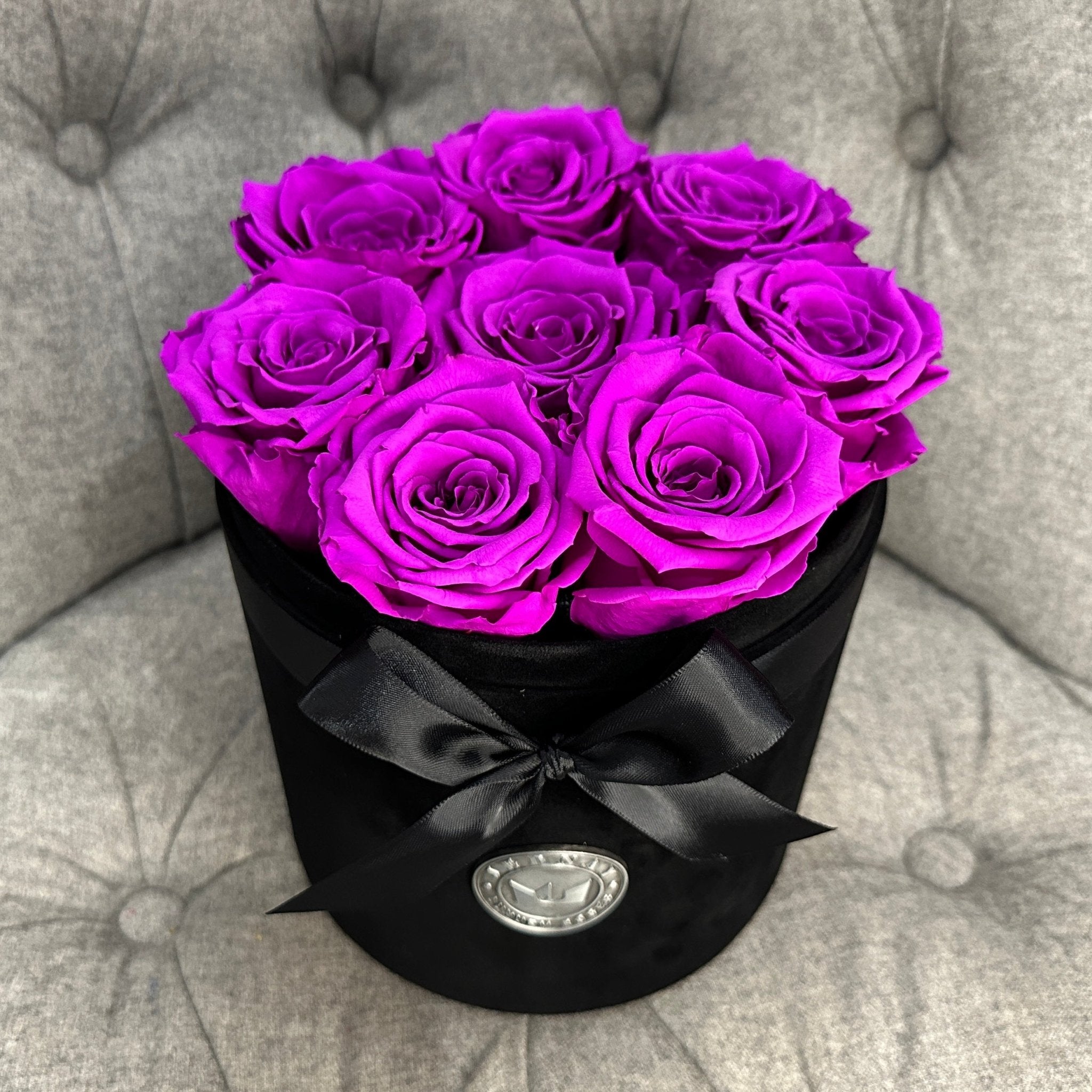 Medium Black Suede Forever Rose Box - Purple Rain Eternal Roses - Jednay Roses