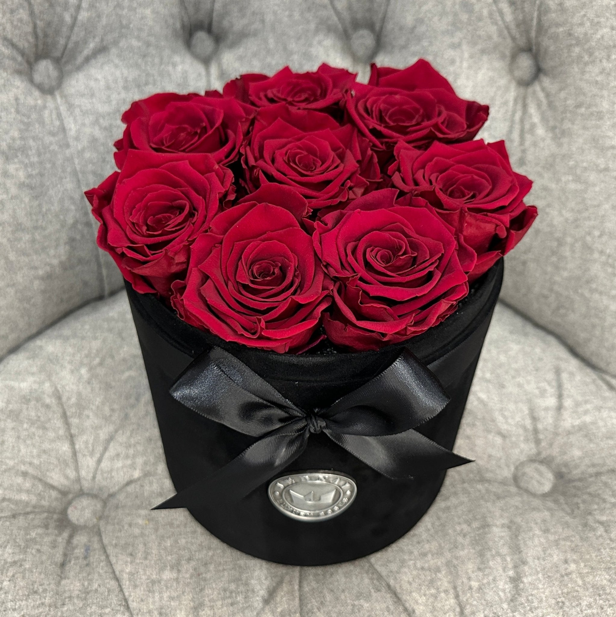 Medium Black Suede Forever Rose Box - Red Red Wine Eternal Roses - Jednay Roses