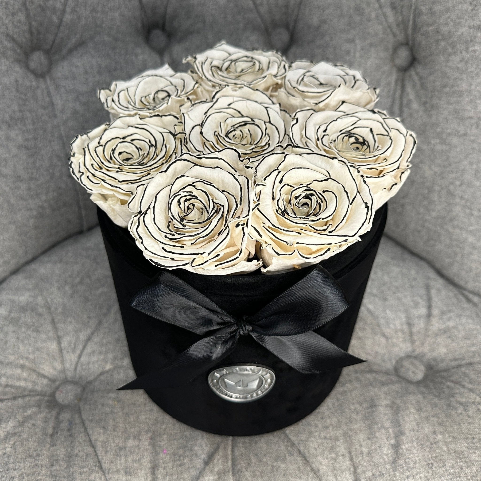 Medium Black Suede Forever Rose Box - Sketchy Eternal Roses - Jednay Roses