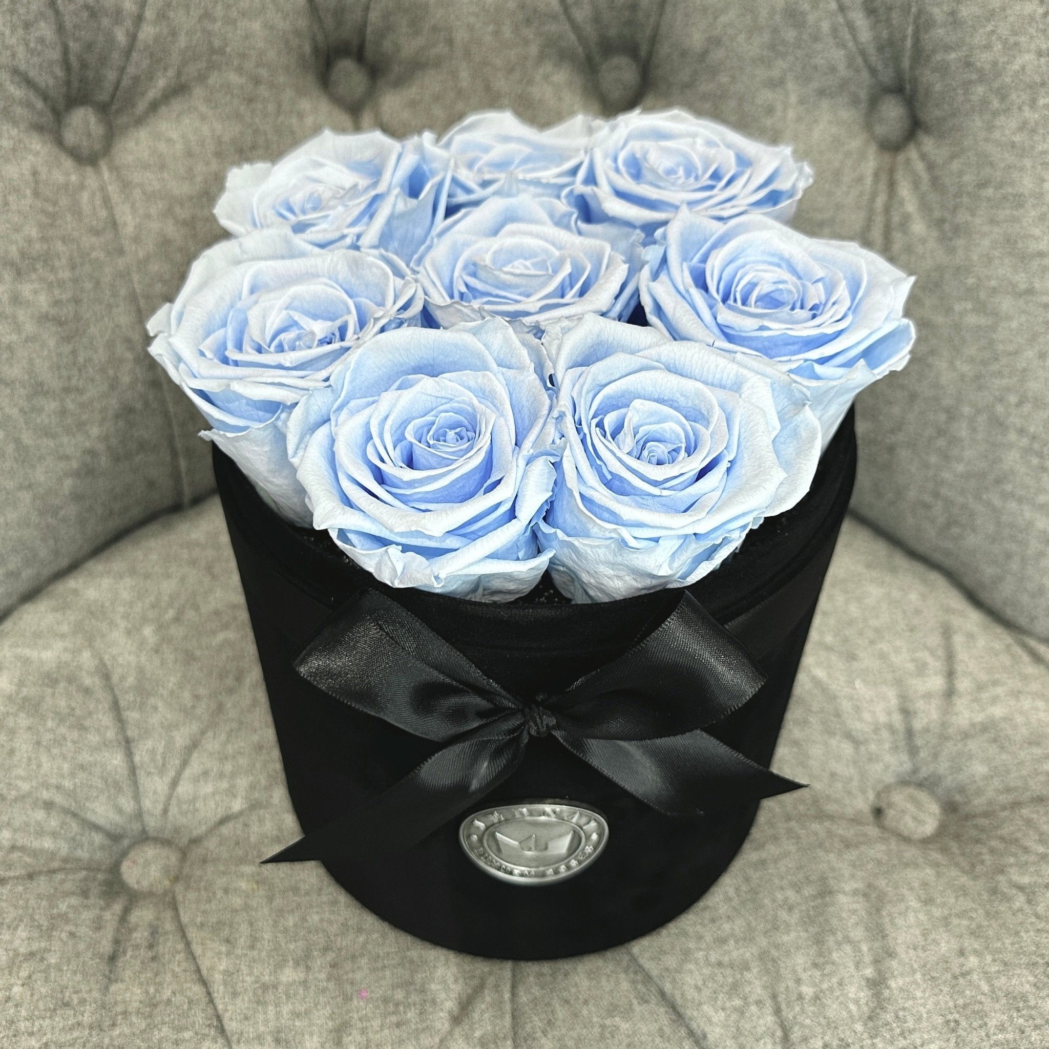 Medium Black Suede Forever Rose Box - Sky Blue Eternal Roses - Jednay Roses