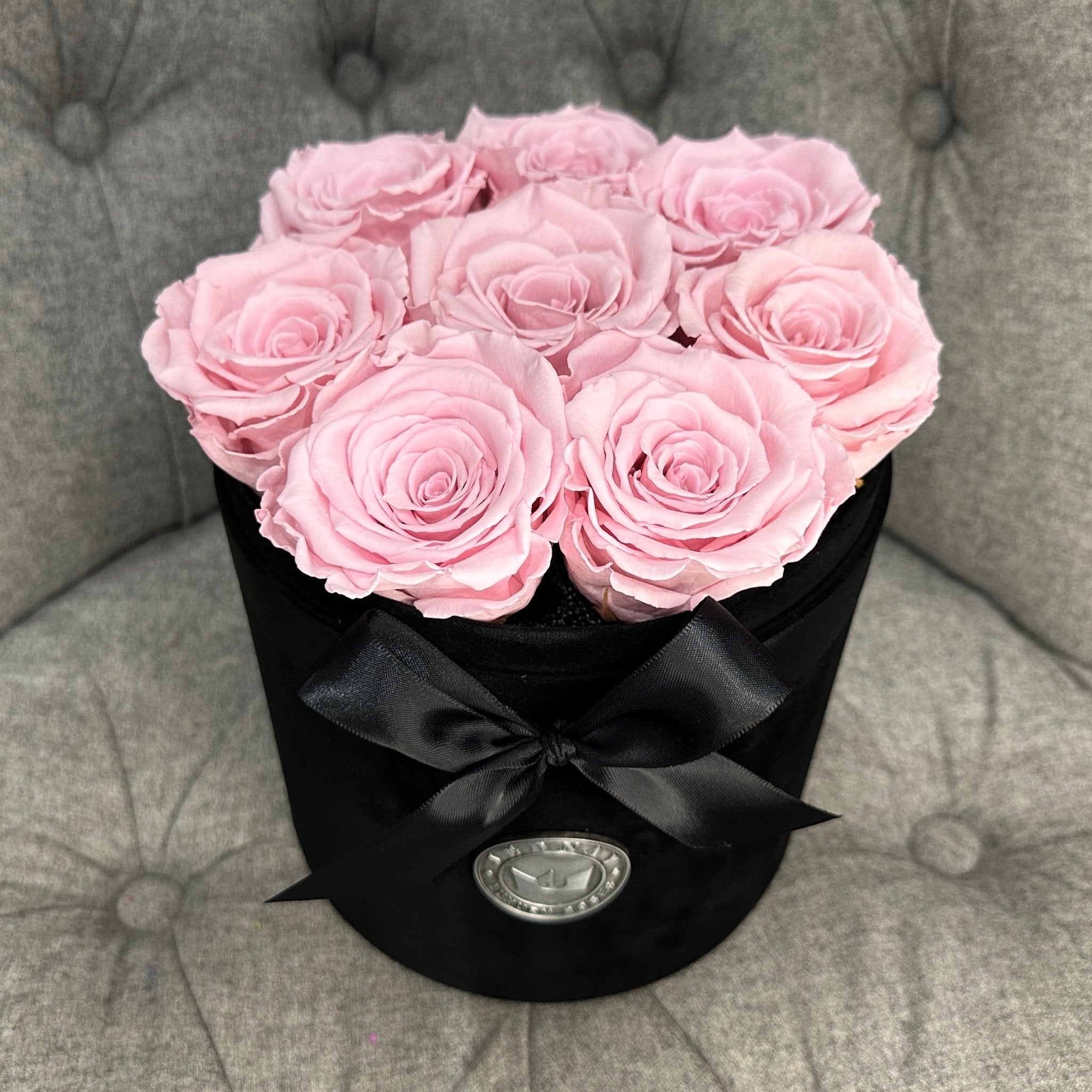 Medium Black Suede Forever Rose Box - Soft Pink Eternal Roses - Jednay Roses