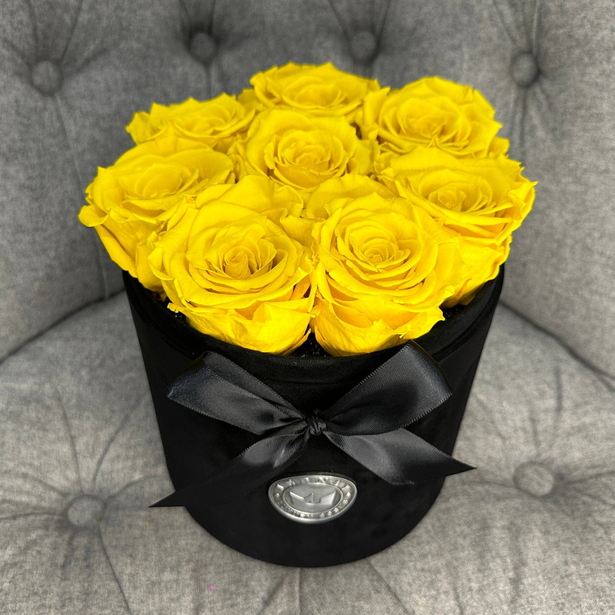 Medium Black Suede Forever Rose Box - Sunshine Yellow Eternal Roses - Jednay Roses