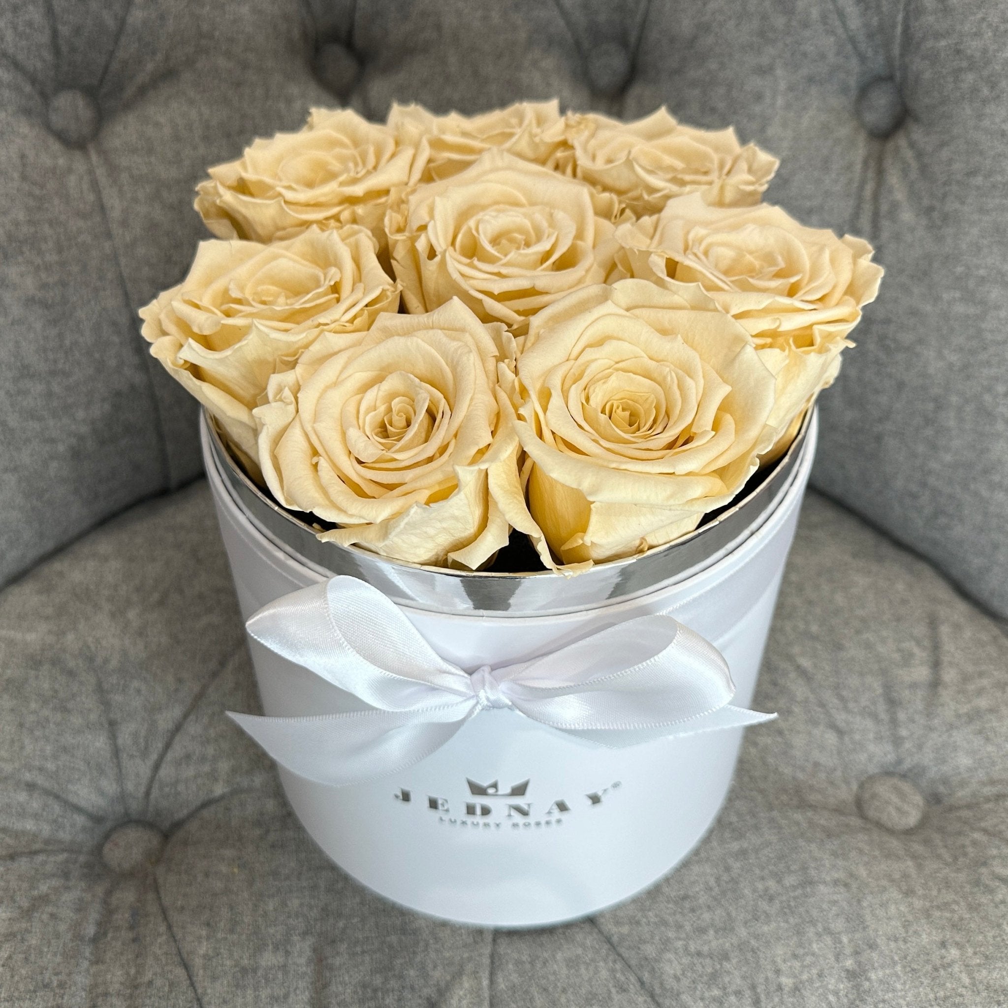Medium Classic White Forever Rose Box - Champagne Eternal Roses - Jednay Roses