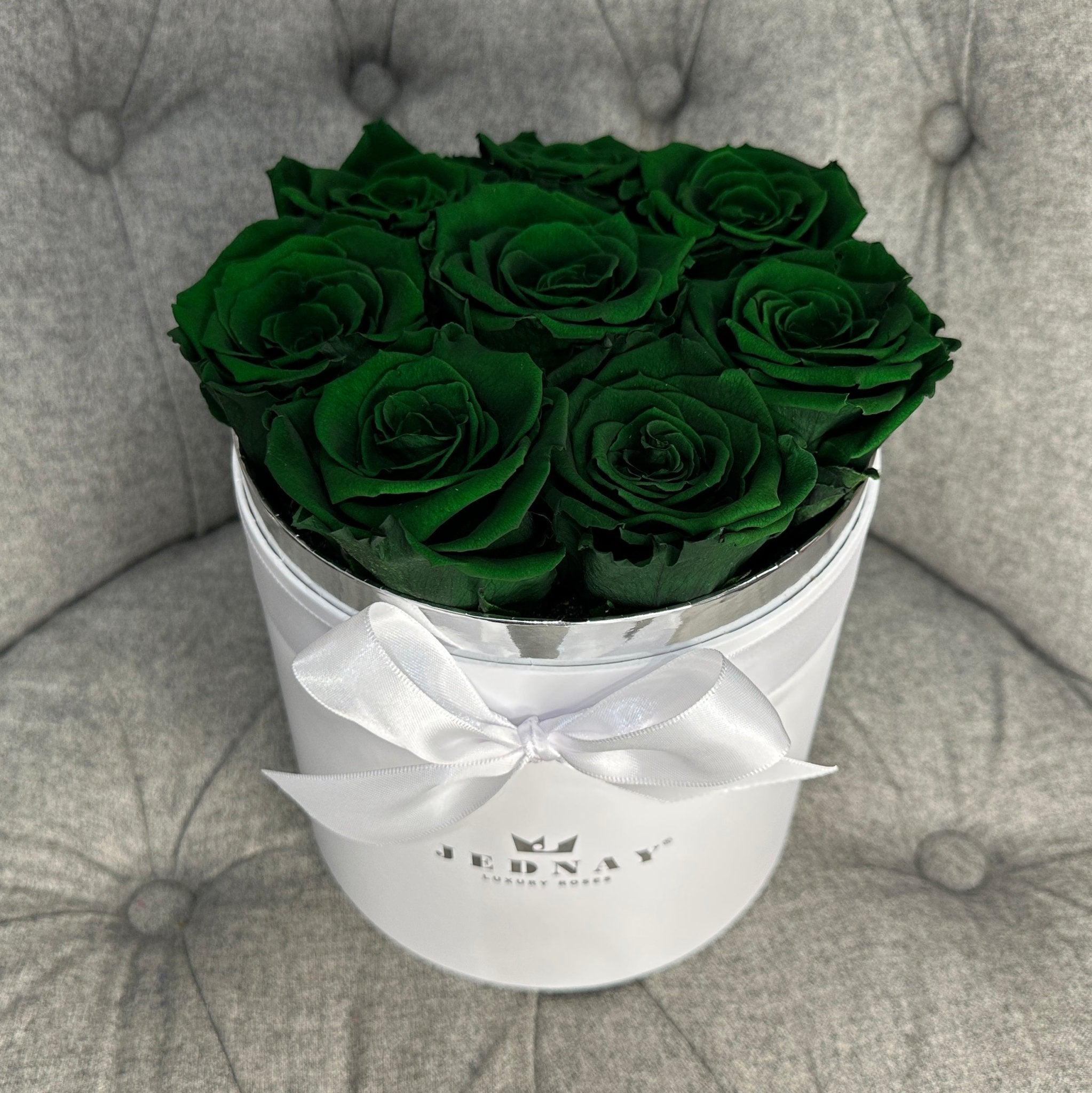 Medium Classic White Forever Rose Box - Deep Forest Green Eternal Roses - Jednay Roses