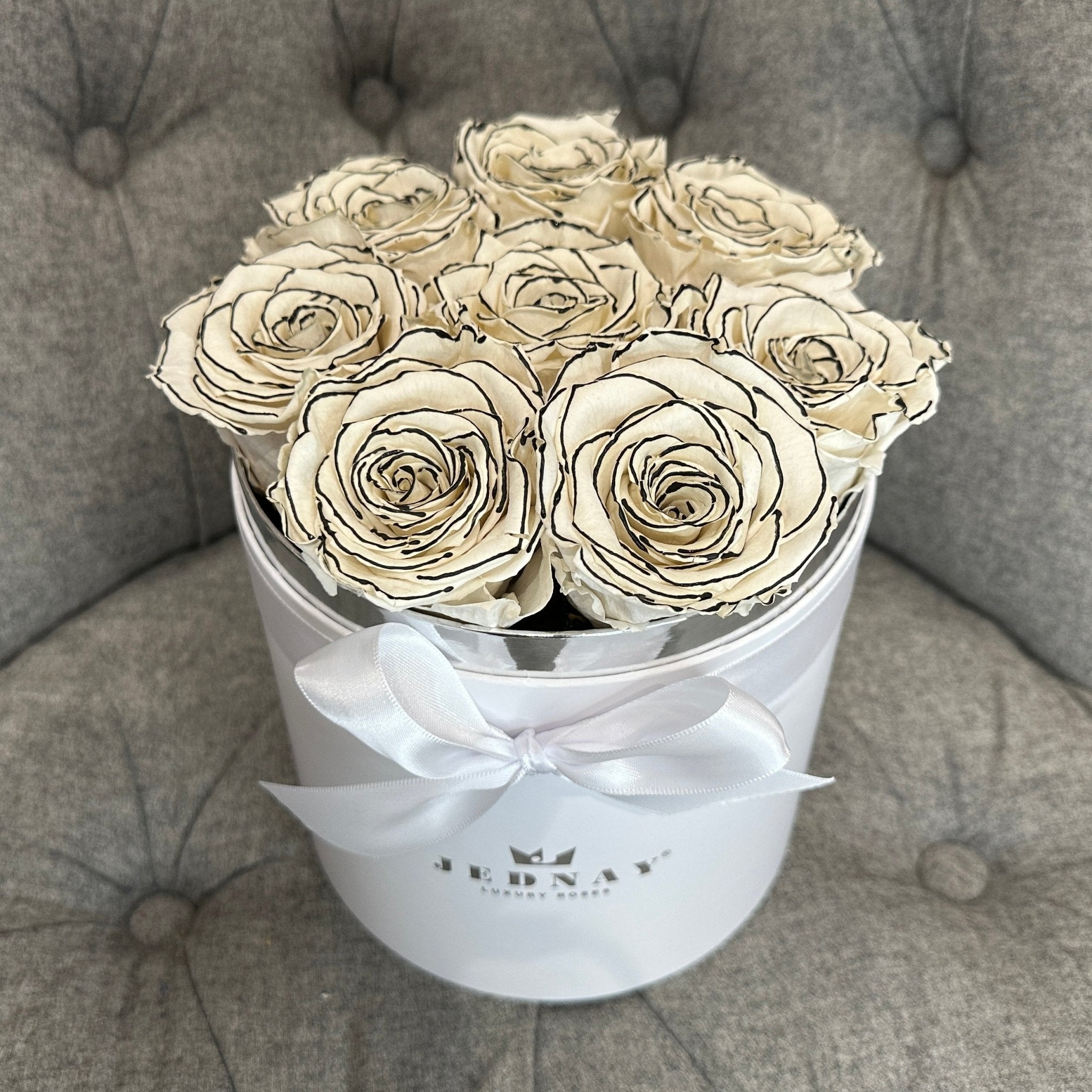 Medium Classic White Forever Rose Box - Sketchy Eternal Roses - Jednay Roses