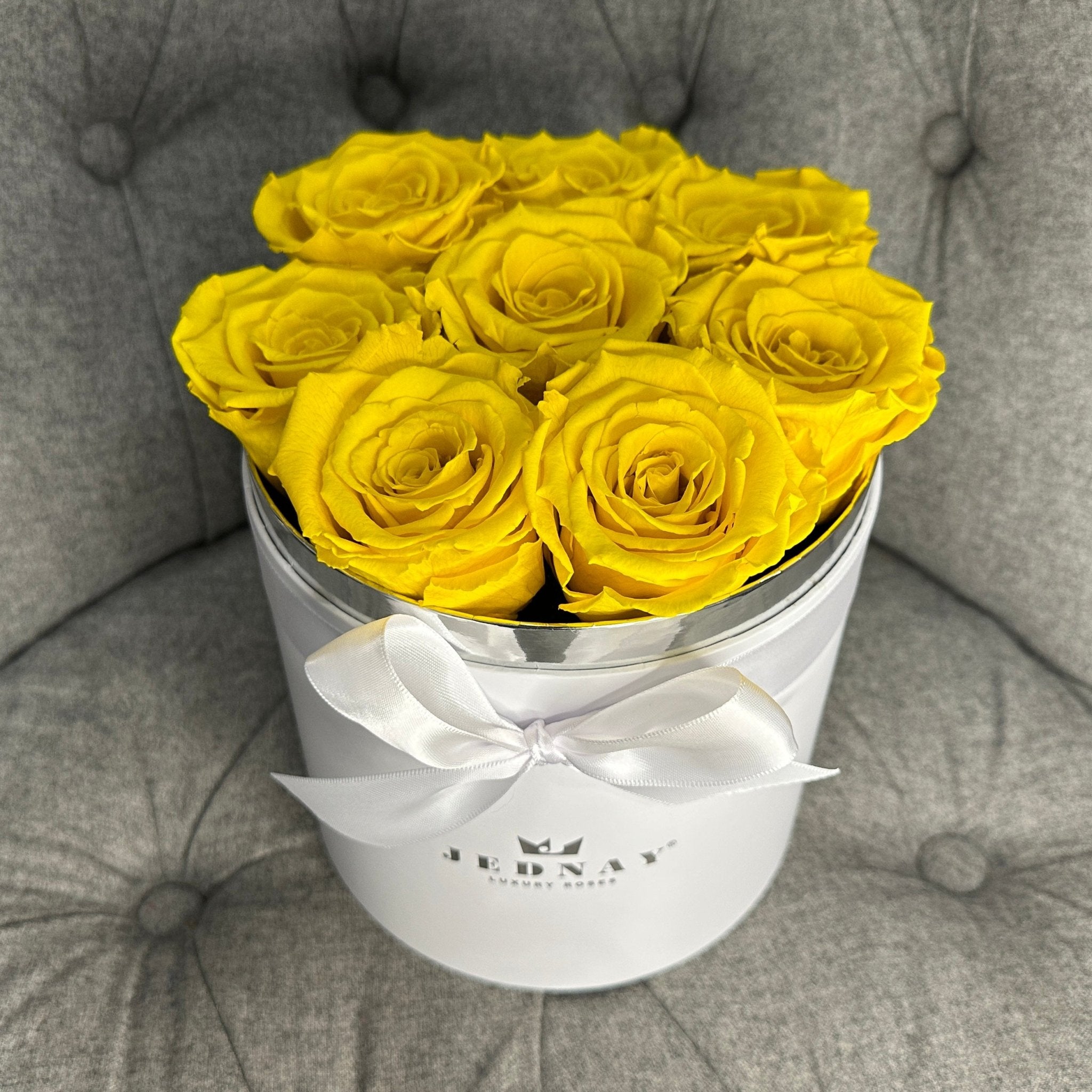 Medium Classic White Forever Rose Box - Sunshine Yellow Eternal Roses - Jednay Roses