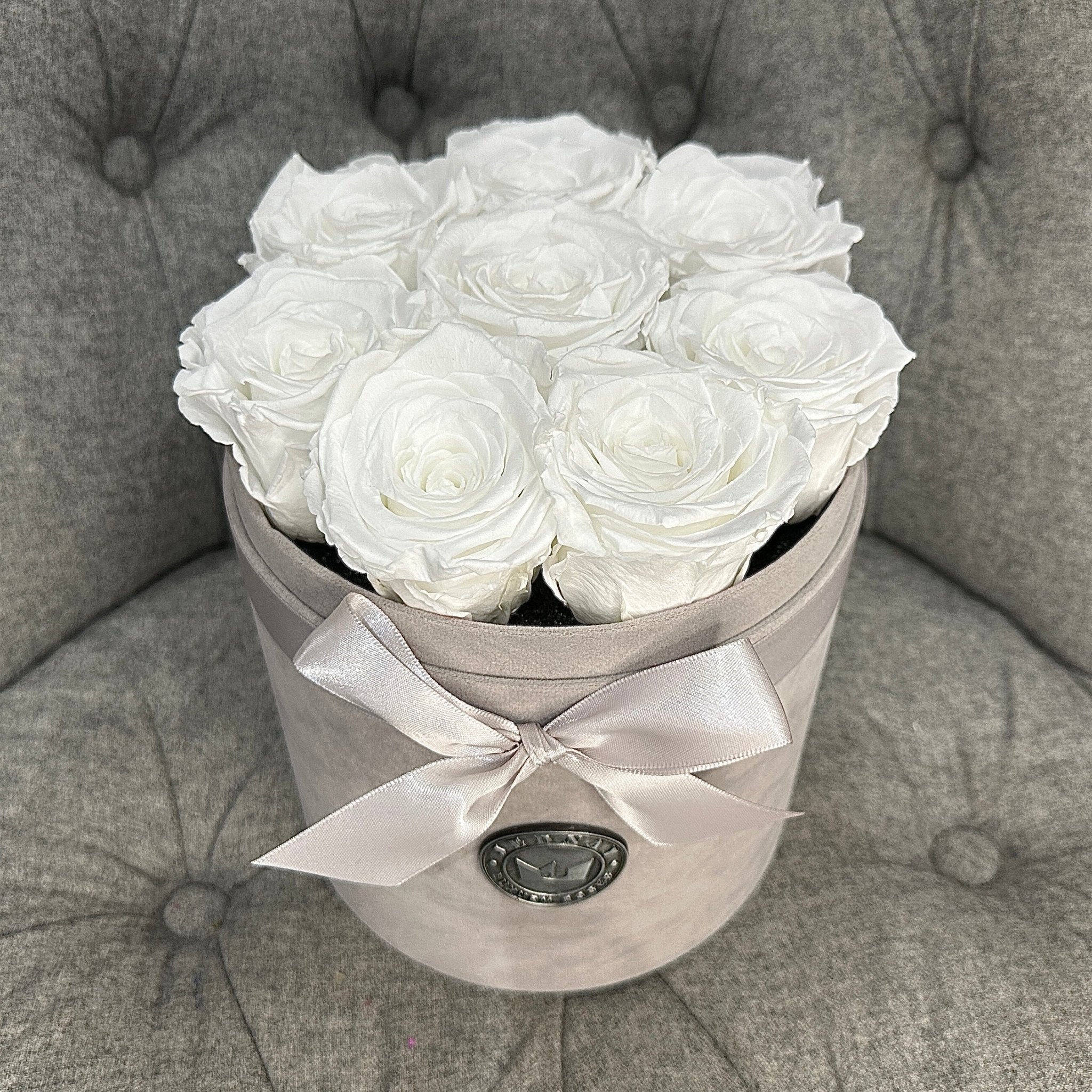 Medium Grey Suede Forever Rose Box - Angel White Eternal Roses - Jednay Roses
