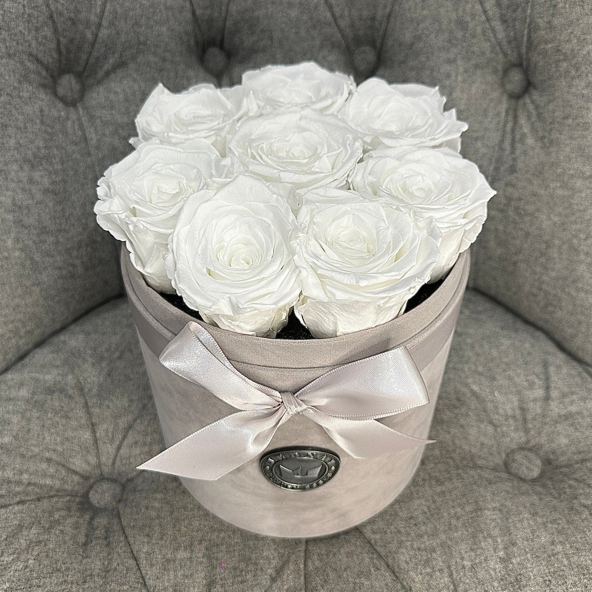 White Eternal Roses | Small Grey Suede Forever Rose Box by Jednay
