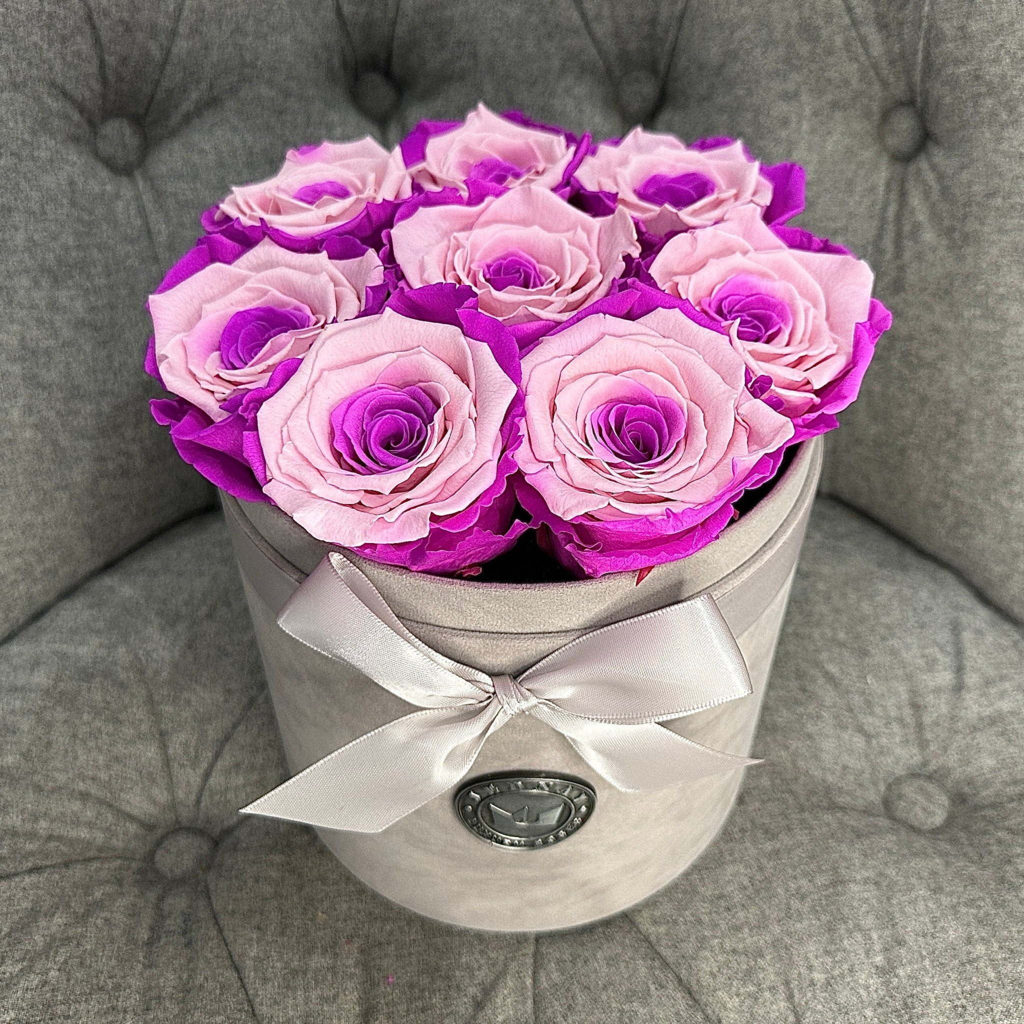 Medium Grey Suede Forever Rose Box - Candy Floss Eternal Roses - Jednay Roses