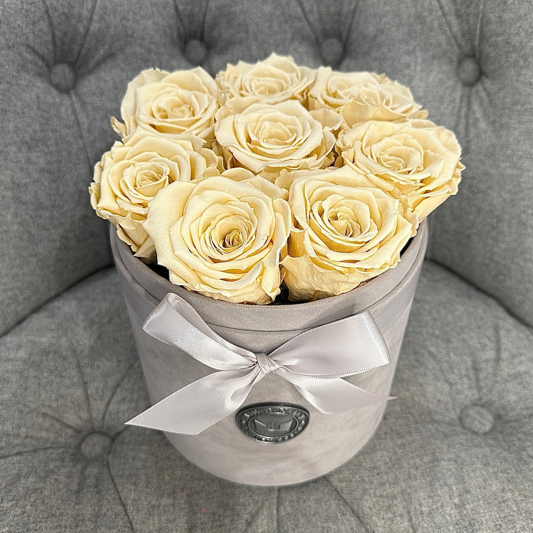 Medium Grey Suede Forever Rose Box - Champagne Eternal Roses - Jednay Roses