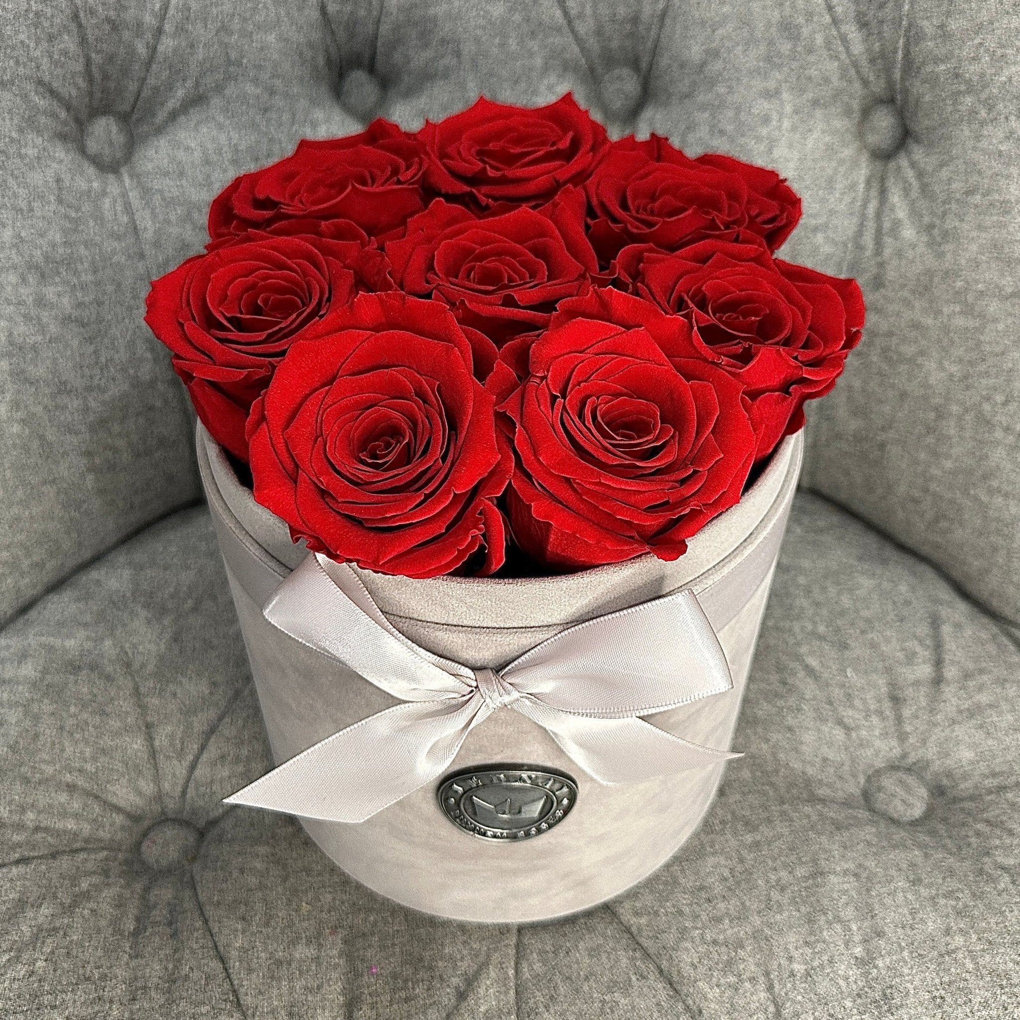 Medium Grey Suede Forever Rose Box - Classic Red Eternal Roses - Jednay Roses