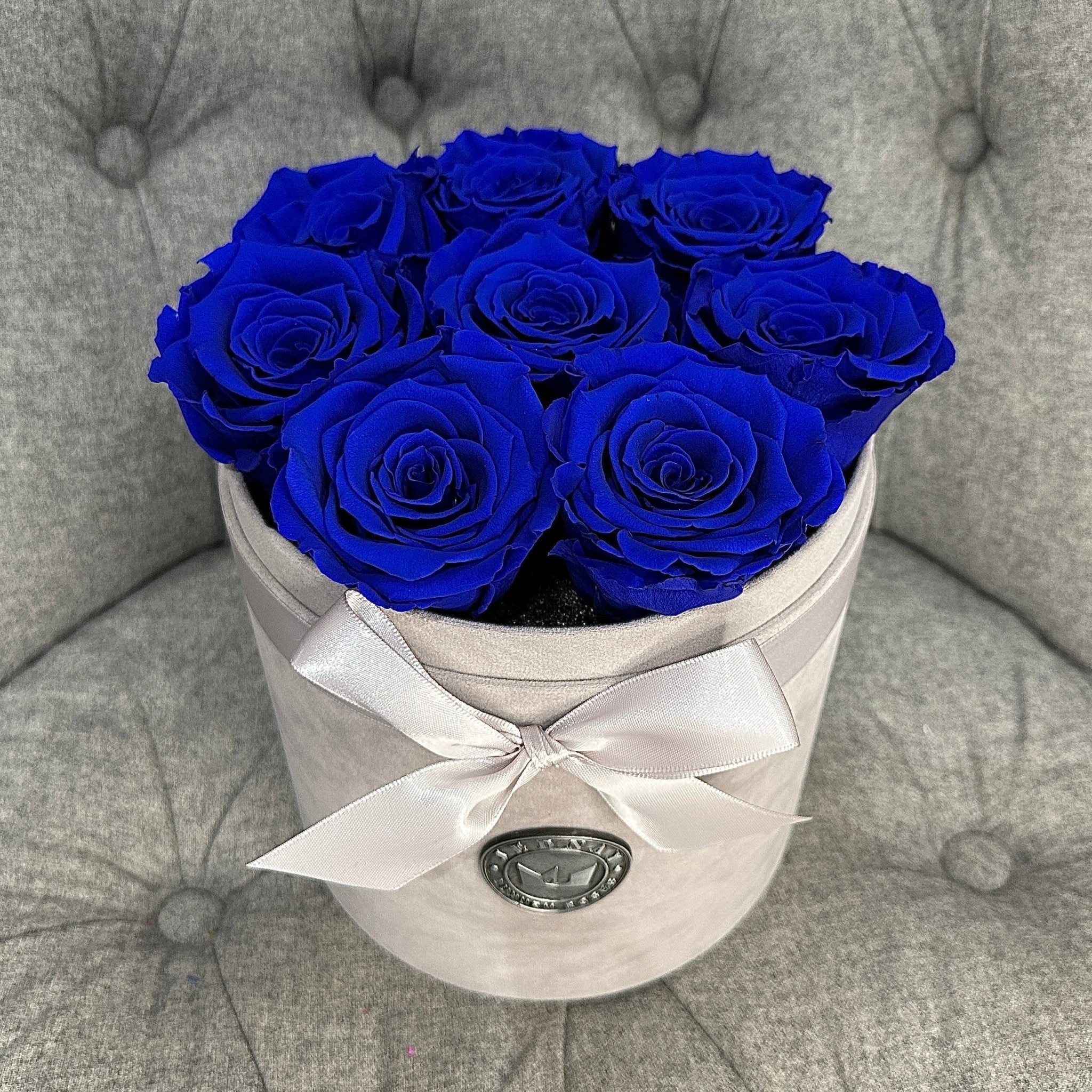 Medium Grey Suede Forever Rose Box - Deep Blue Sea Eternal Roses - Jednay Roses