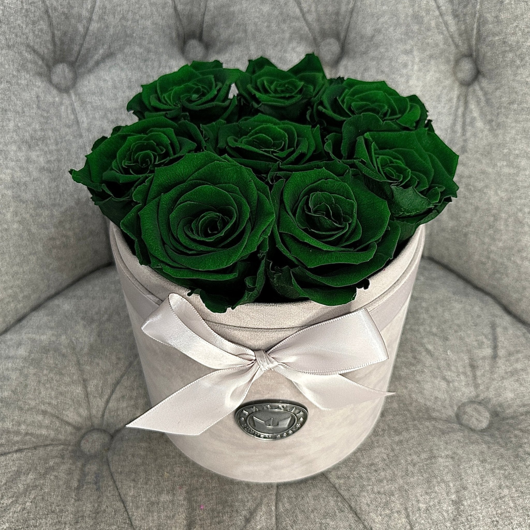 Medium Grey Suede Forever Rose Box - Deep Forest Eternal Roses - Jednay Roses