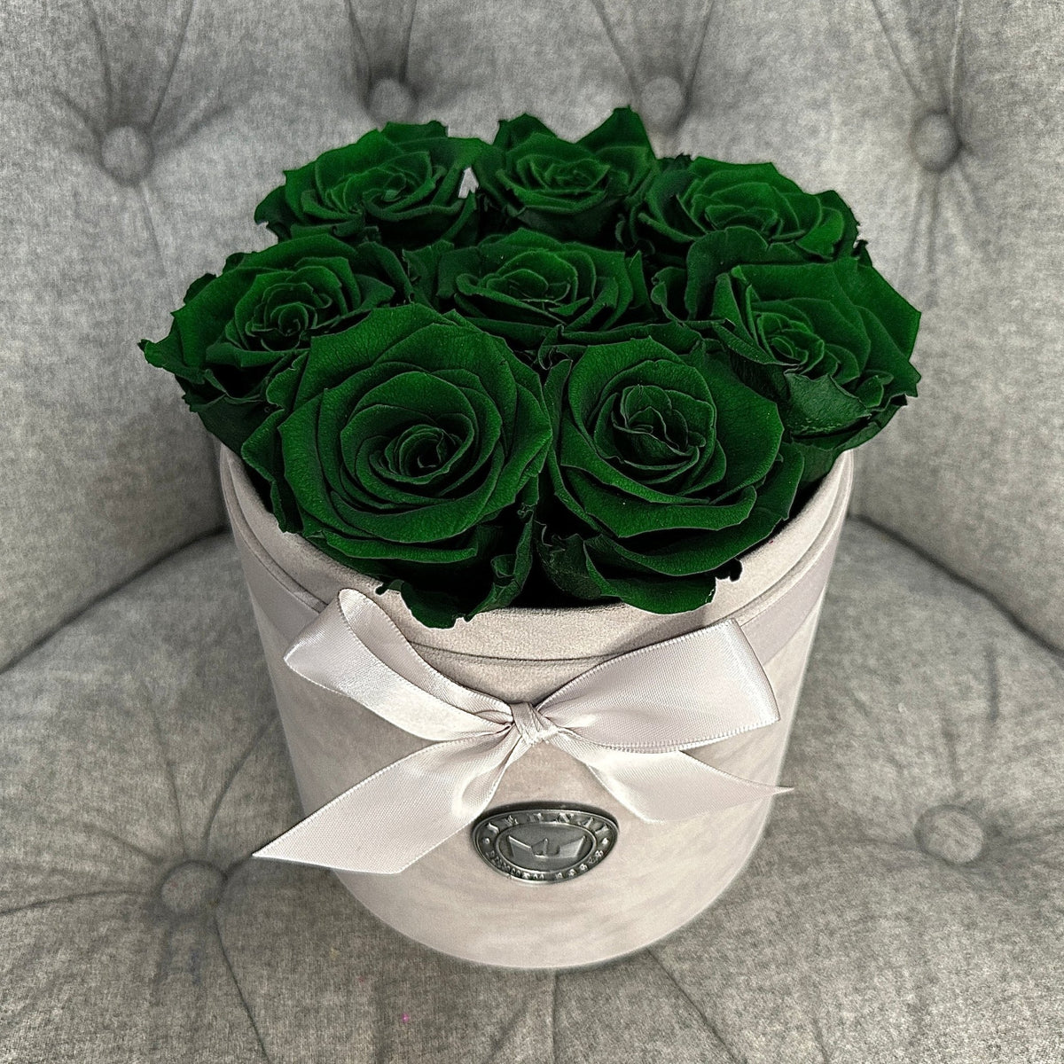 Dark Green Eternal Roses | Medium Grey Suede Forever Rose Box by Jednay