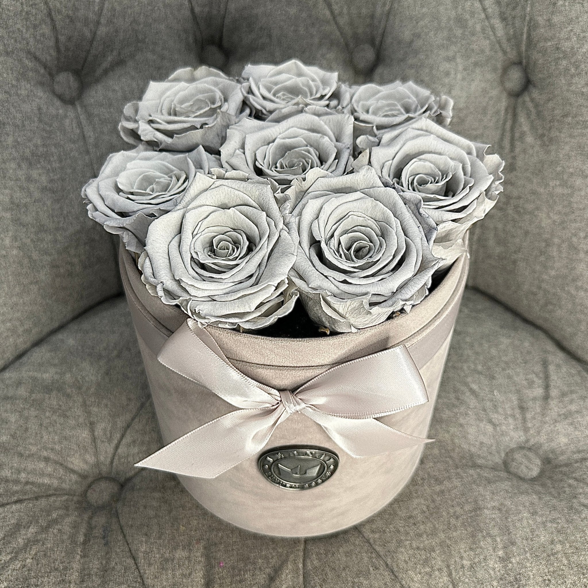 Medium Grey Suede Forever Rose Box - Graceful Grey Eternal Roses - Jednay Roses