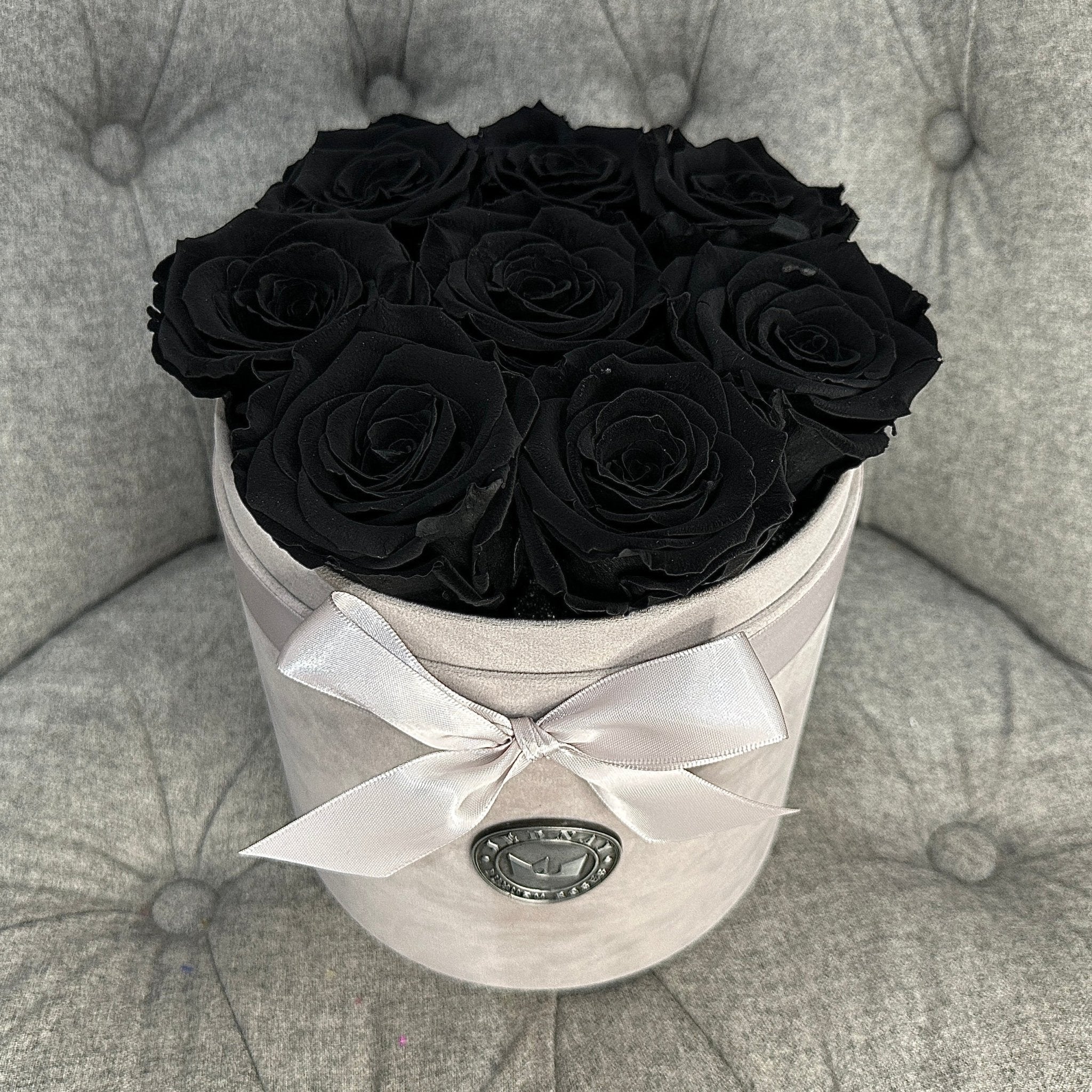 Medium Grey Suede Forever Rose Box - Midnight Black Eternal Roses - Jednay Roses
