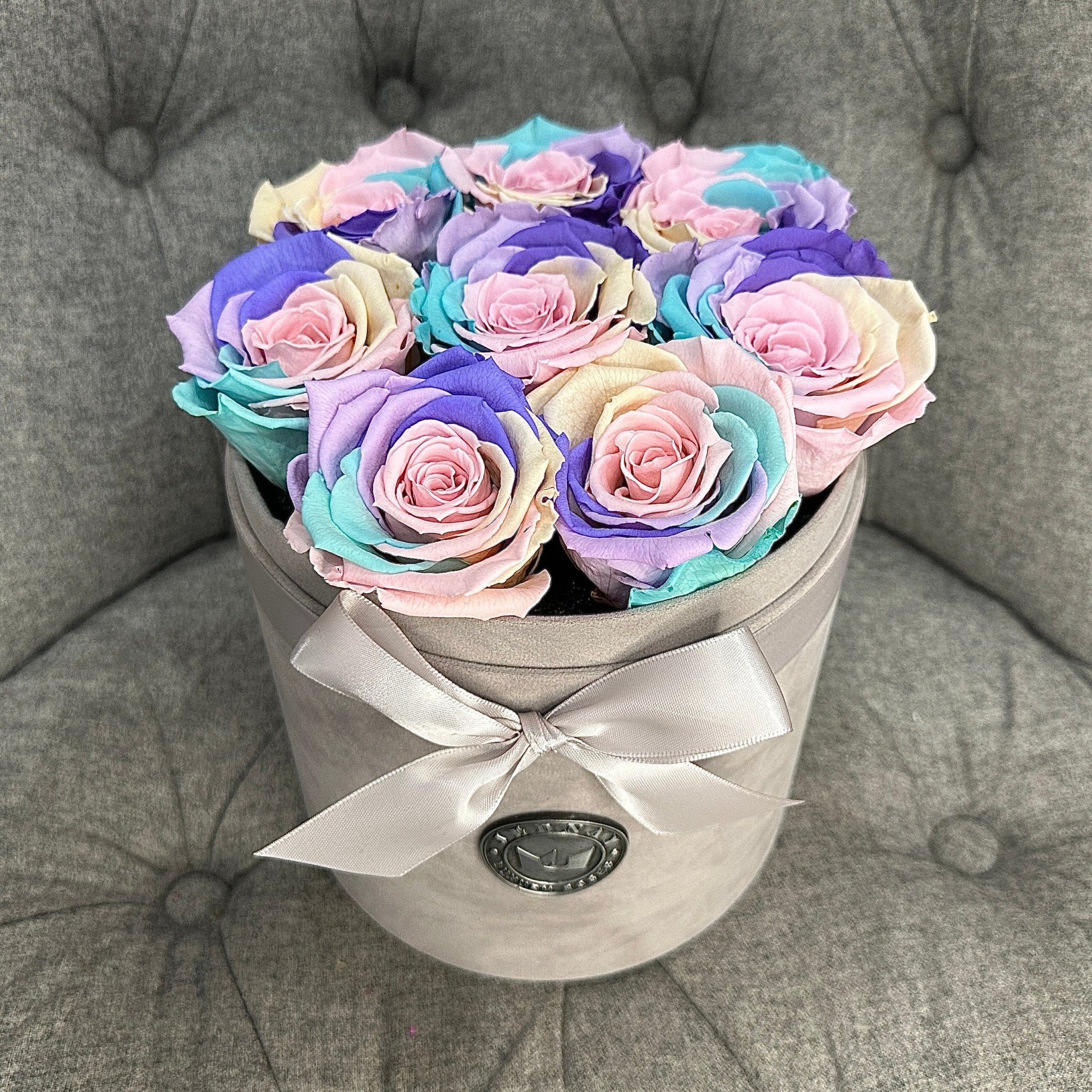 Medium Grey Suede Forever Rose Box - Over The Rainbow Eternal Roses - Jednay Roses