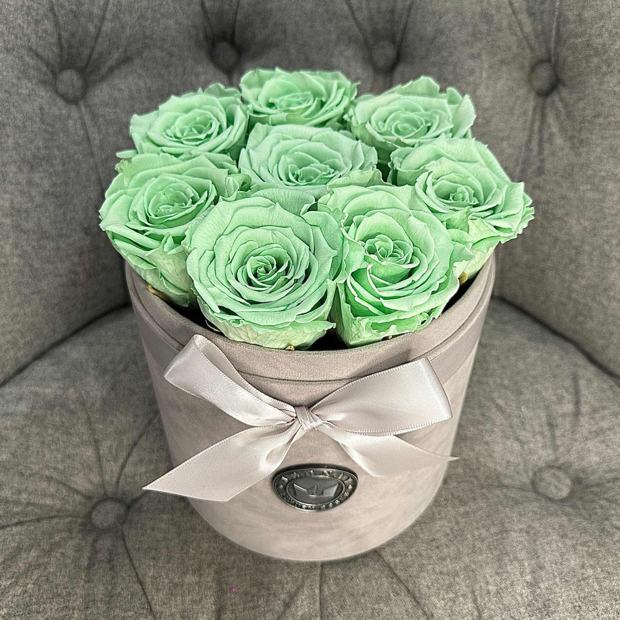 Medium Grey Suede Forever Rose Box - Peppermint Tea Eternal Roses - Jednay Roses