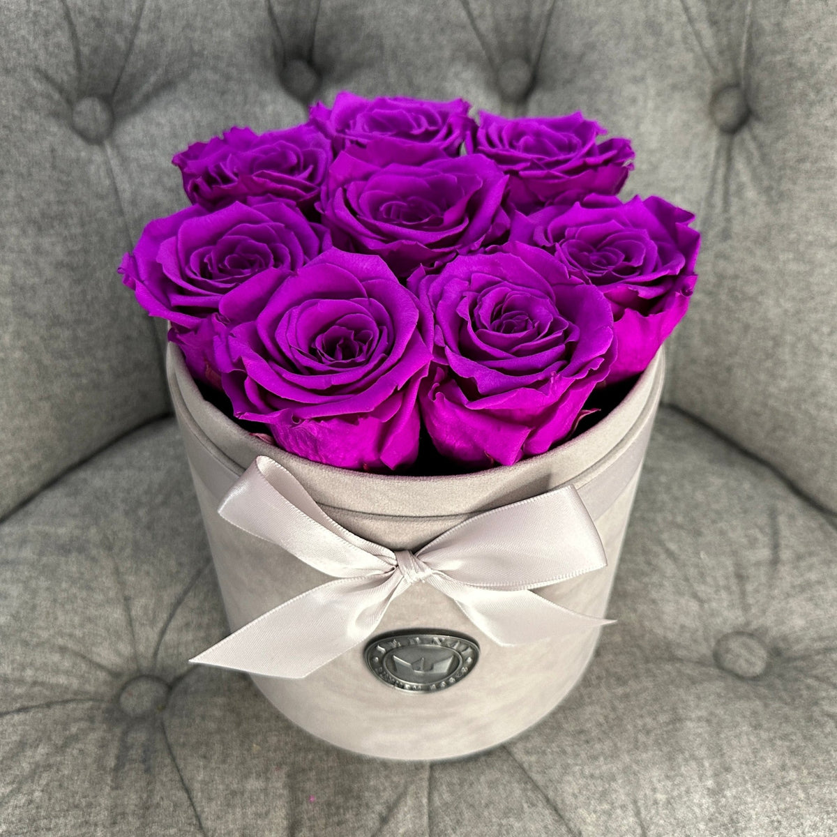 Purple Eternal Roses | Small Grey Suede Forever Rose Box By Jednay