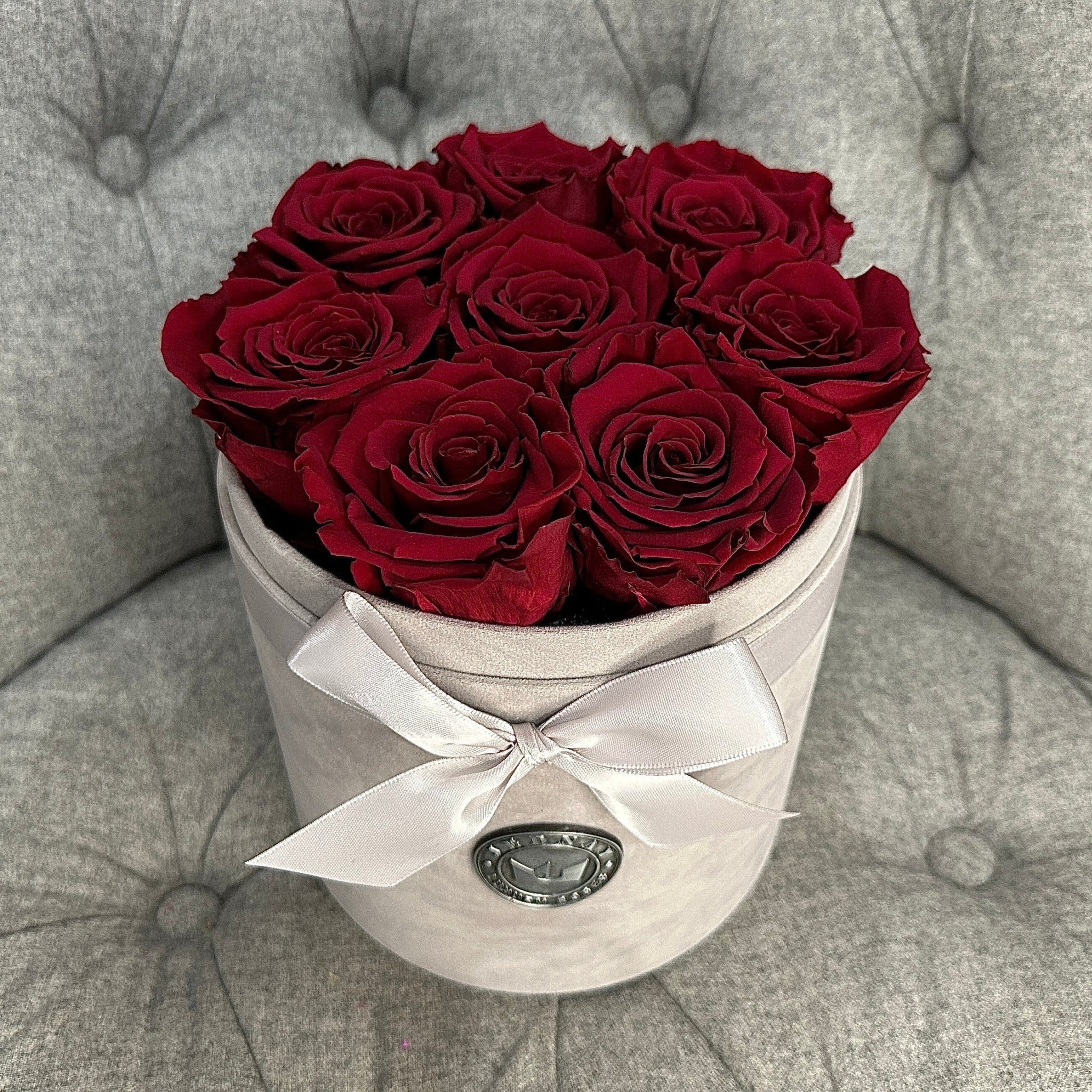Medium Grey Suede Forever Rose Box - Red Red Wine Eternal Roses - Jednay Roses