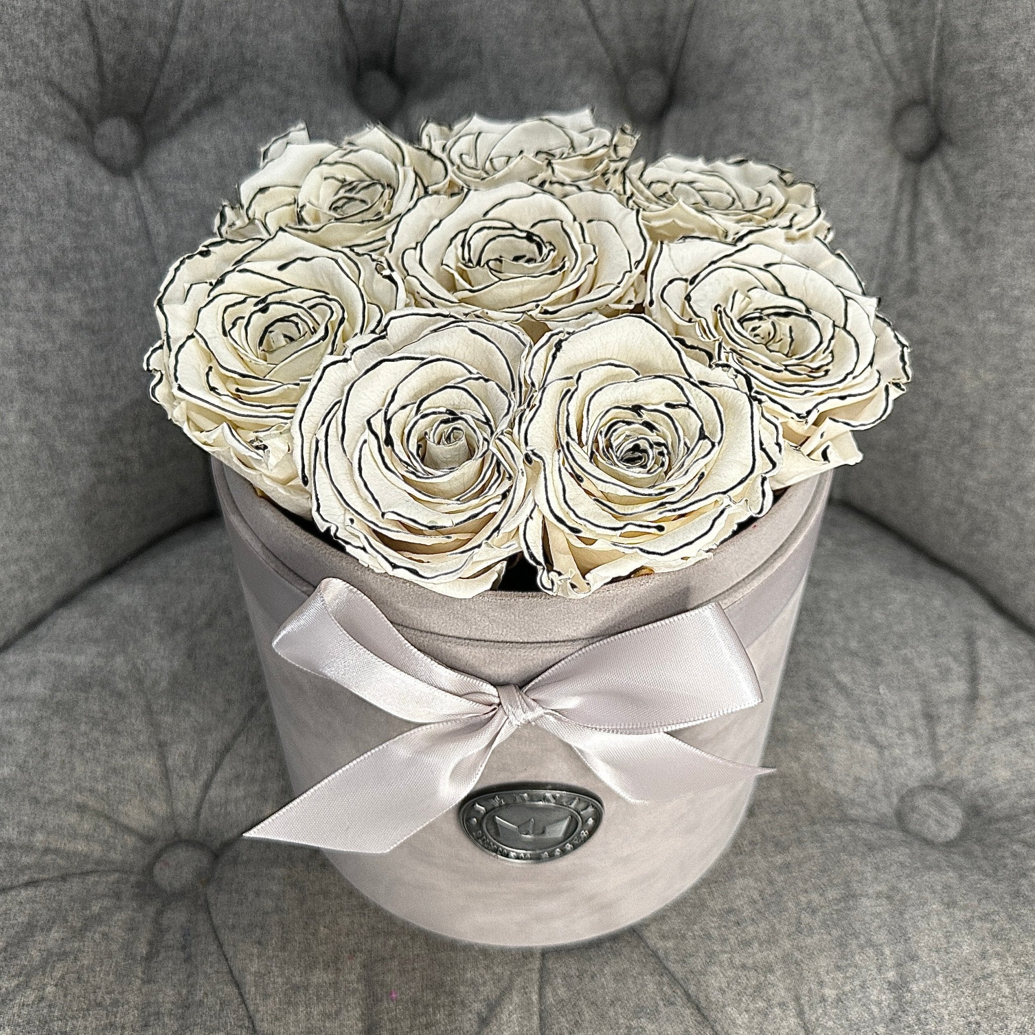 Medium Grey Suede Forever Rose Box - Sketchy Eternal Roses - Jednay Roses