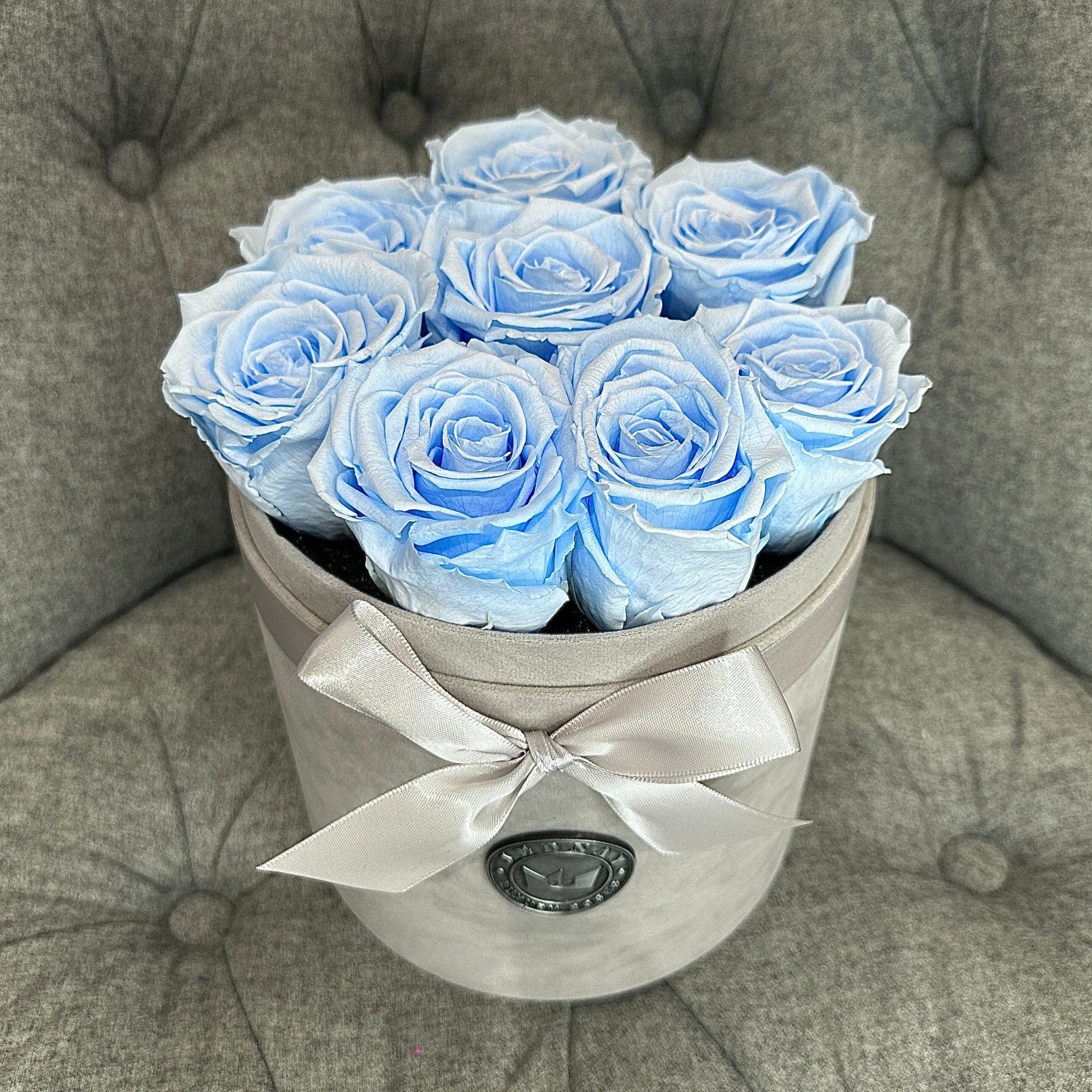 Medium Grey Suede Forever Rose Box - Sky Blue Eternal Roses - Jednay Roses
