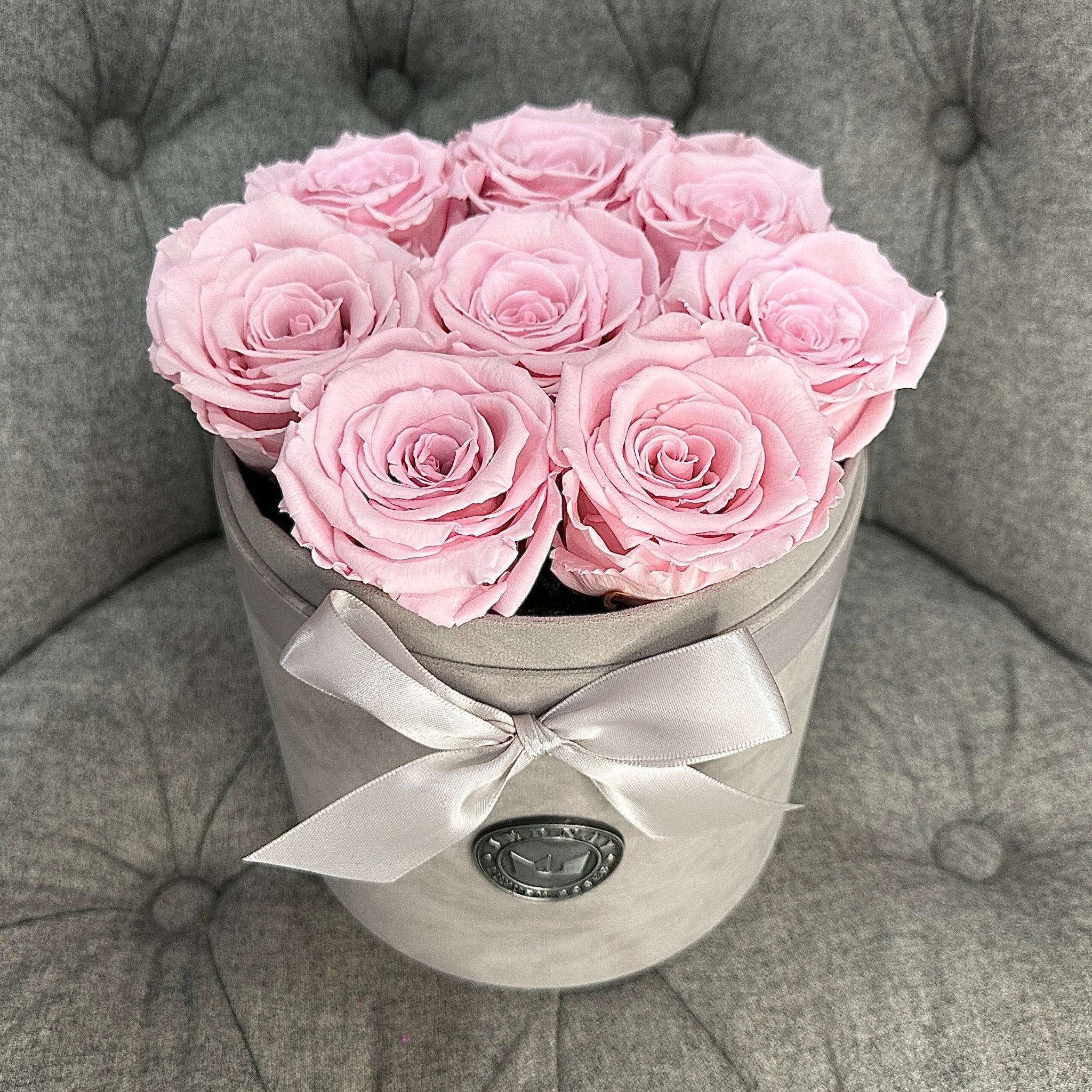 Medium Grey Suede Forever Rose Box - Soft Pink Eternal Roses - Jednay Roses