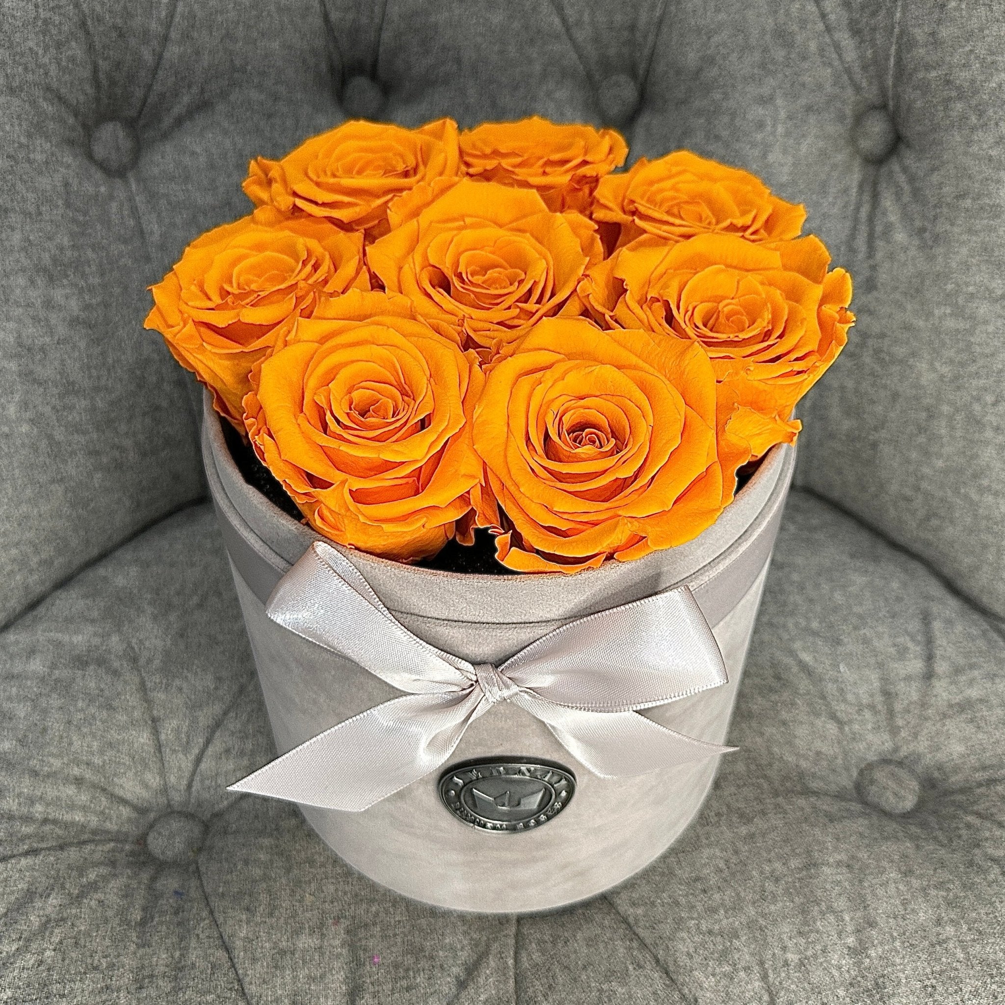 Medium Grey Suede Forever Rose Box - Sunset Orange Eternal Roses - Jednay Roses