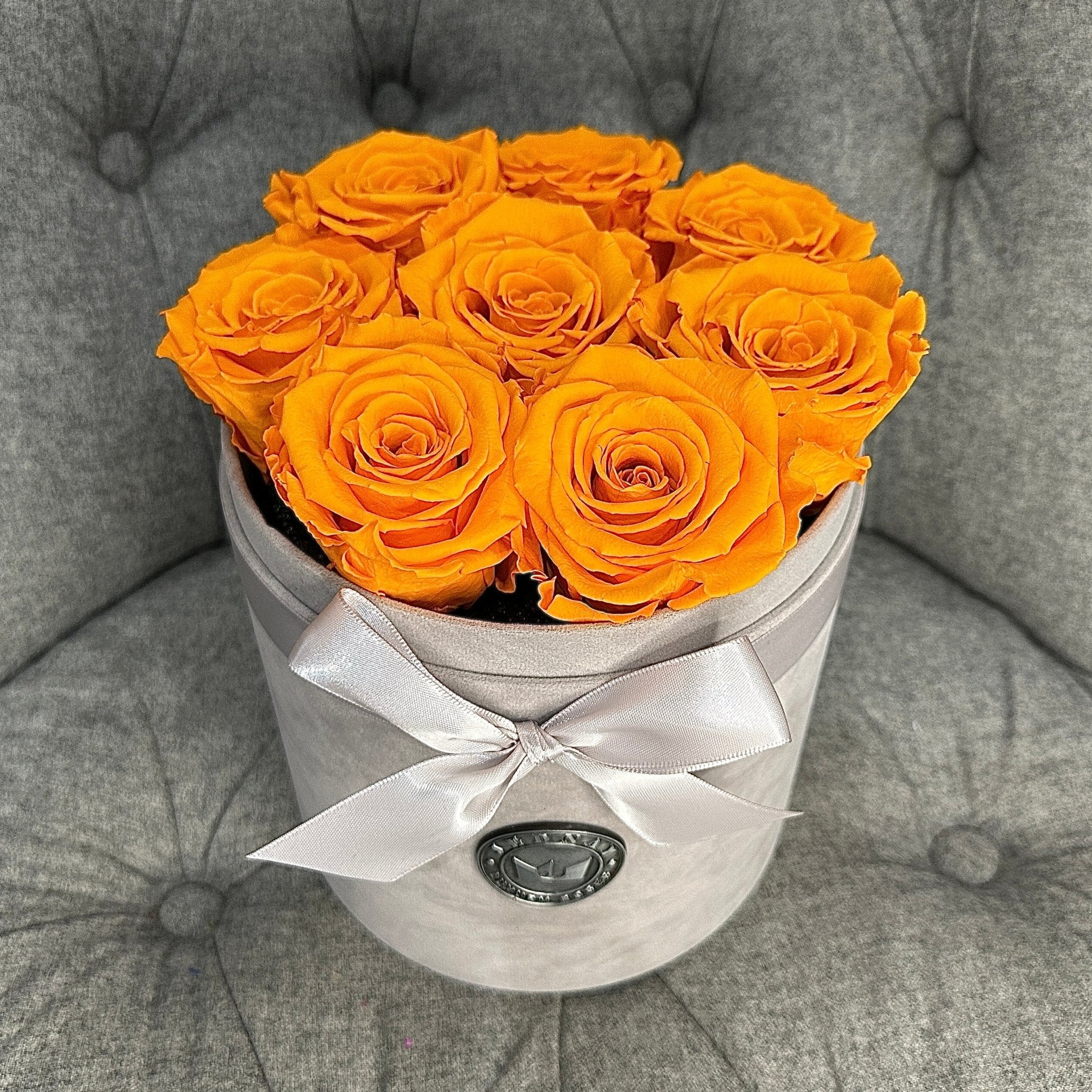 Medium Grey Suede Forever Rose Box - Sunset Orange Eternal Roses - Jednay Roses