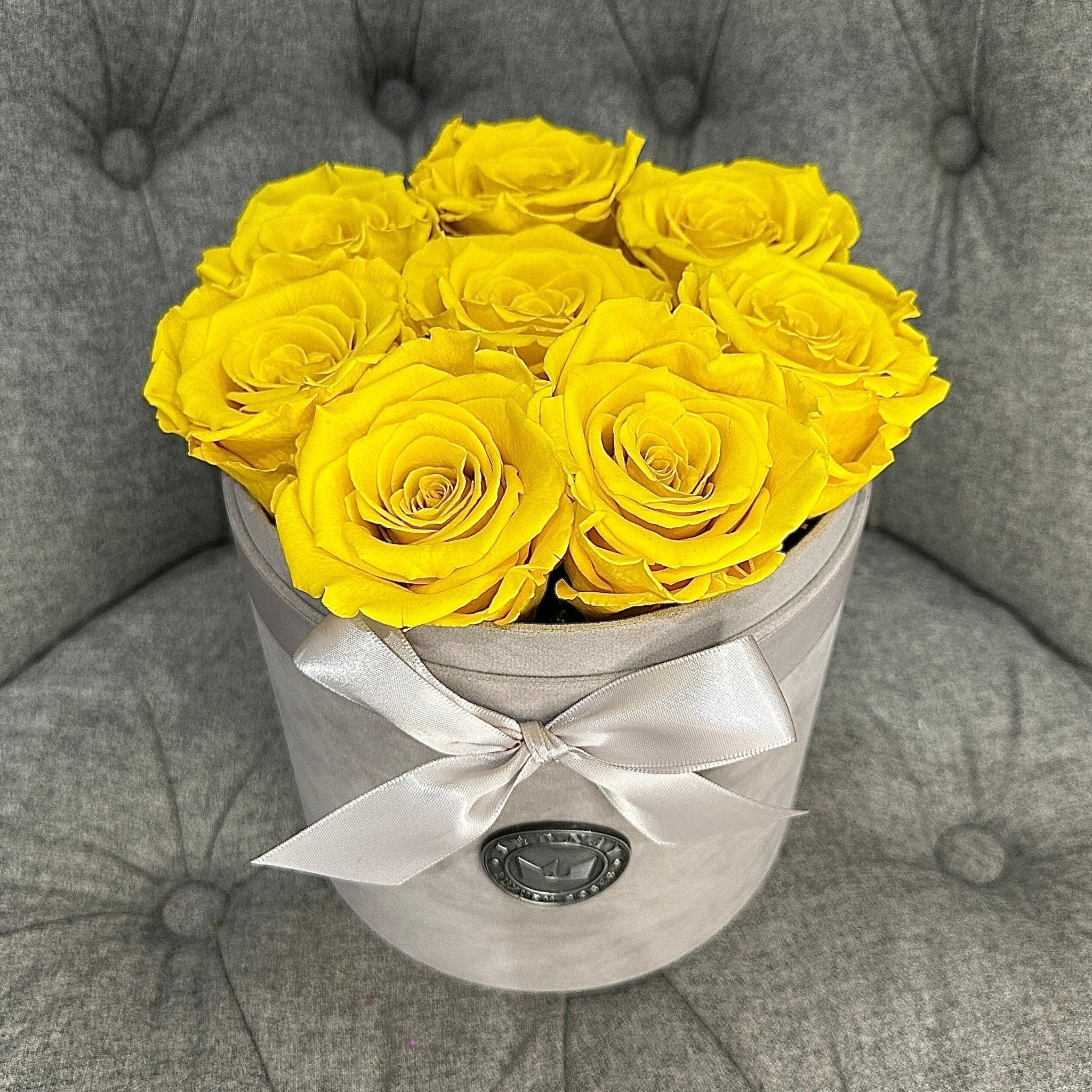Medium Grey Suede Forever Rose Box - Sunshine Yellow Eternal Roses - Jednay Roses