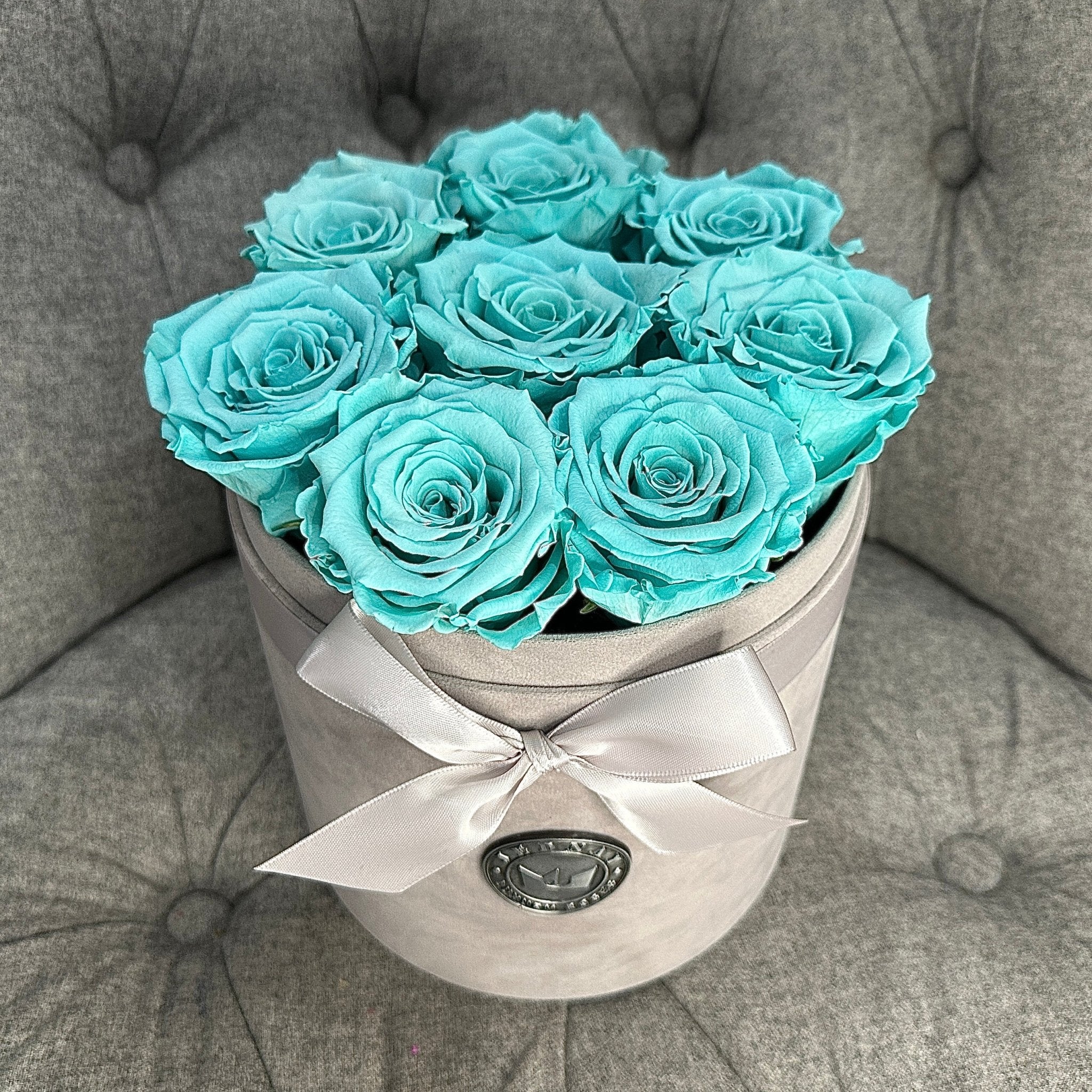 Medium Grey Suede Forever Rose Box - Tiffany Blue Eternal Roses - Jednay Roses