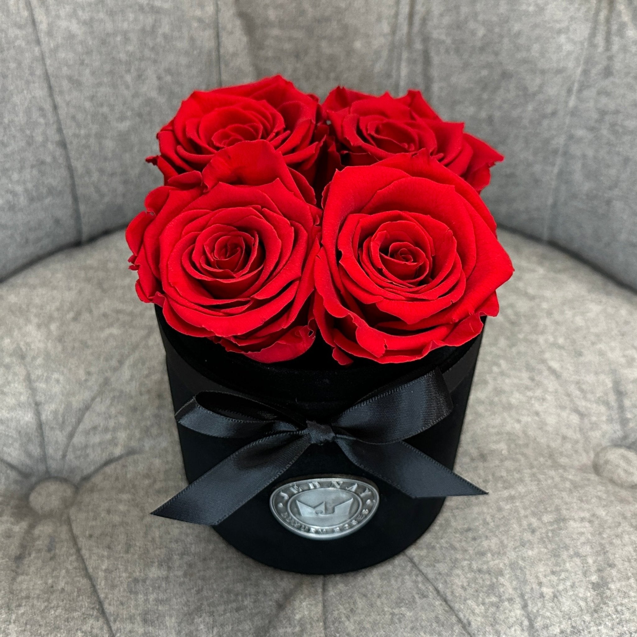 Petite Black Suede Forever Rose Box - Classic Red Eternal Roses - Jednay Roses