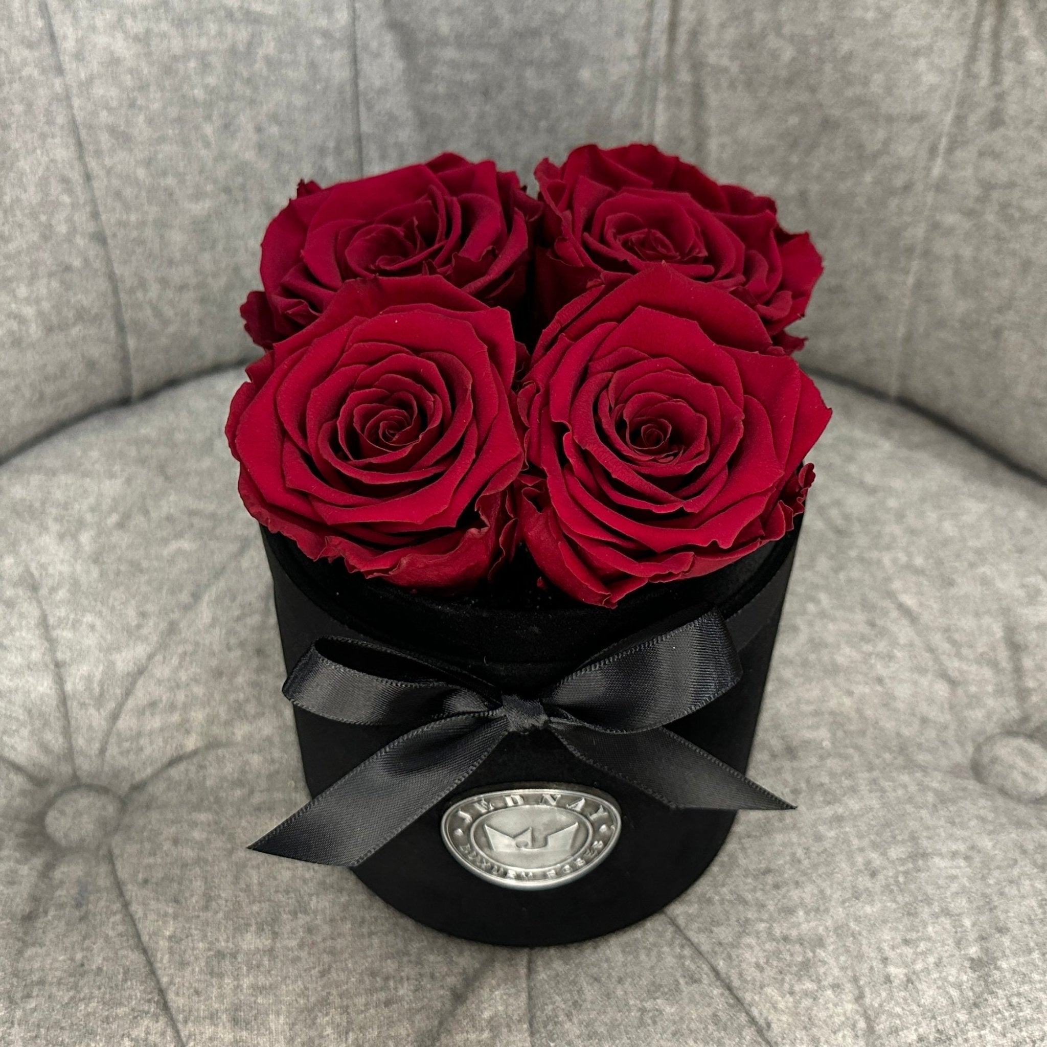 Petite Black Suede Forever Rose Box - Red Red Wine Eternal Roses - Jednay Roses
