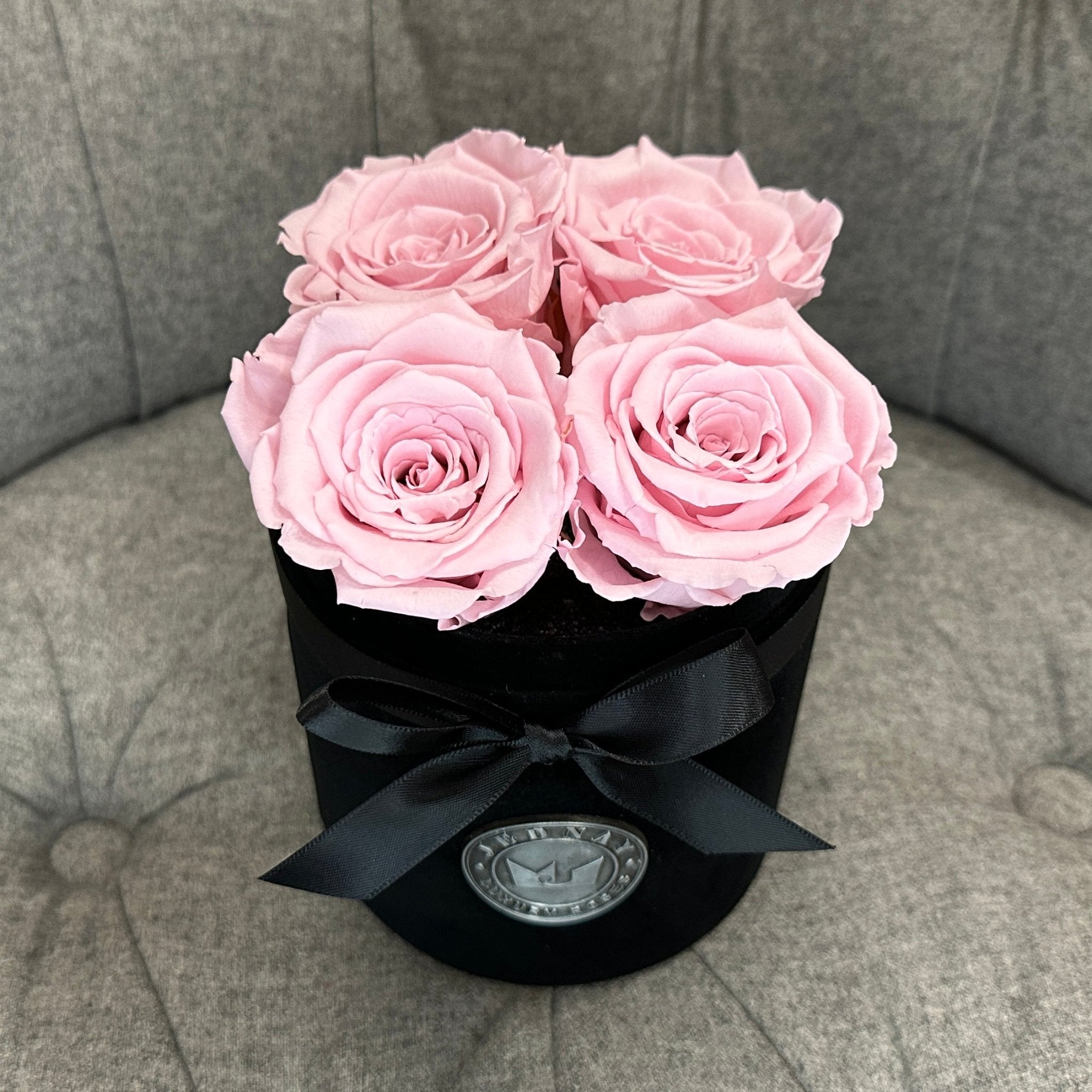 Petite Black Suede Forever Rose Box - Soft Pink Eternal Roses - Jednay Roses
