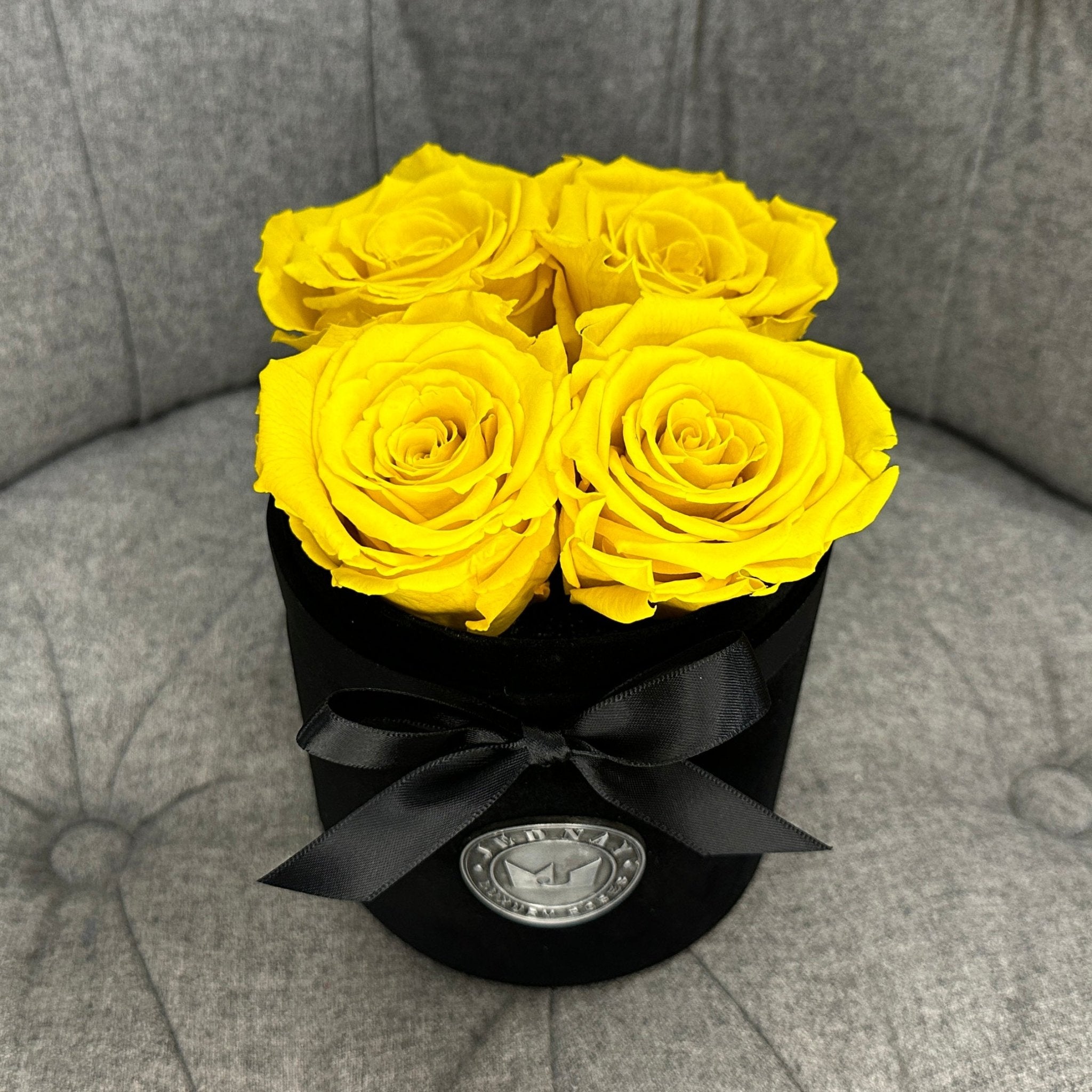Petite Black Suede Forever Rose Box - Sunshine Yellow Eternal Roses - Jednay Roses