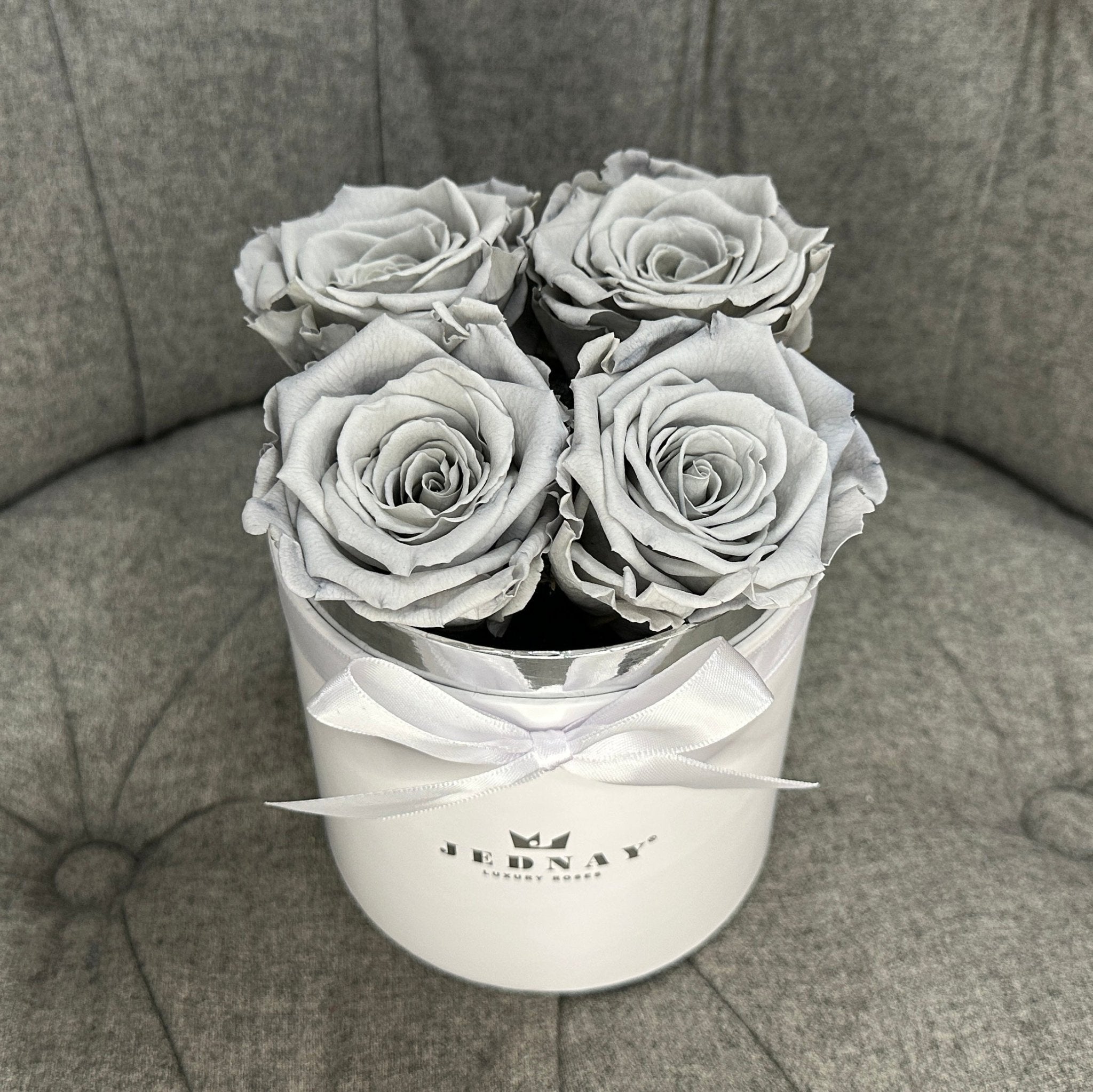 Petite Classic White Forever Rose Box - Graceful Grey Eternal Roses - Jednay Roses