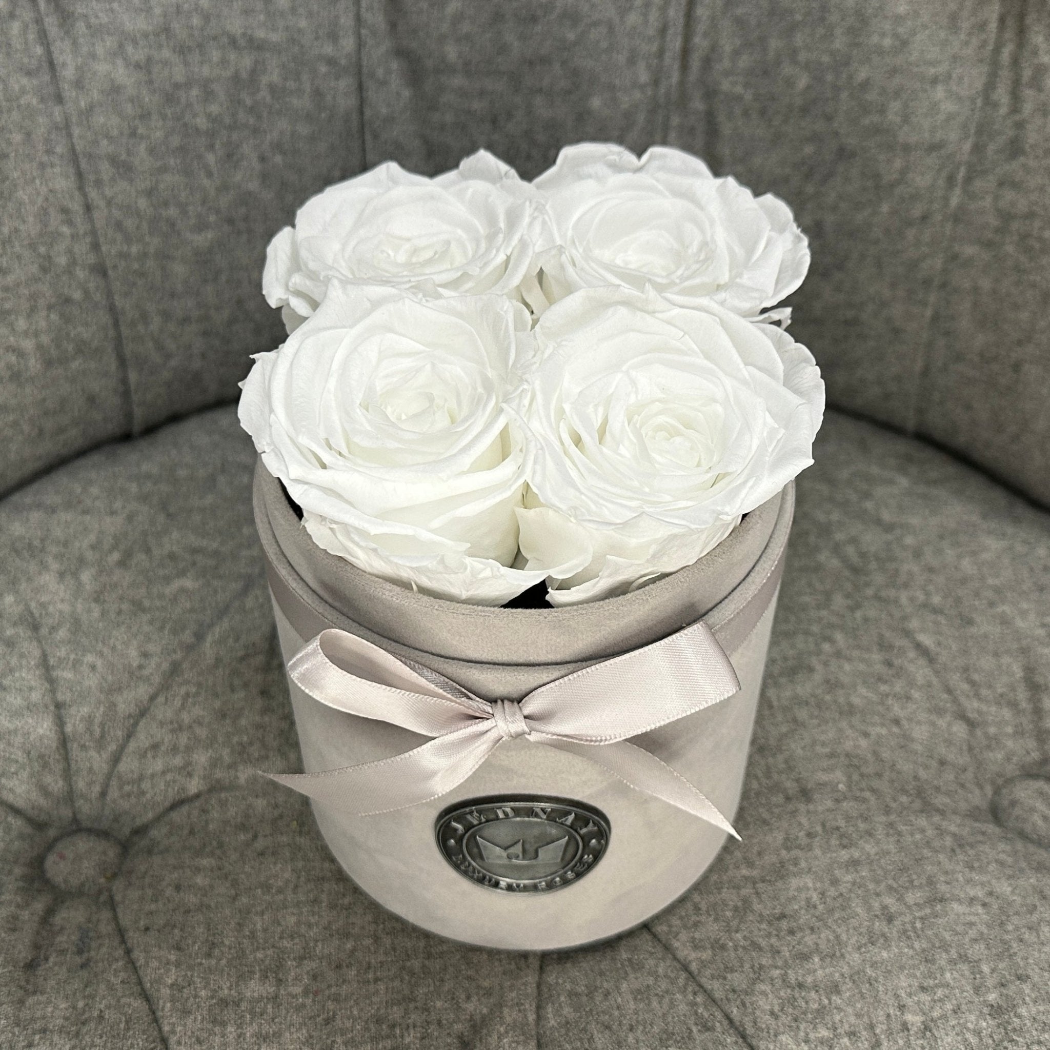 Petite Grey Suede Forever Rose Box - Angel White Eternal Roses - Jednay Roses