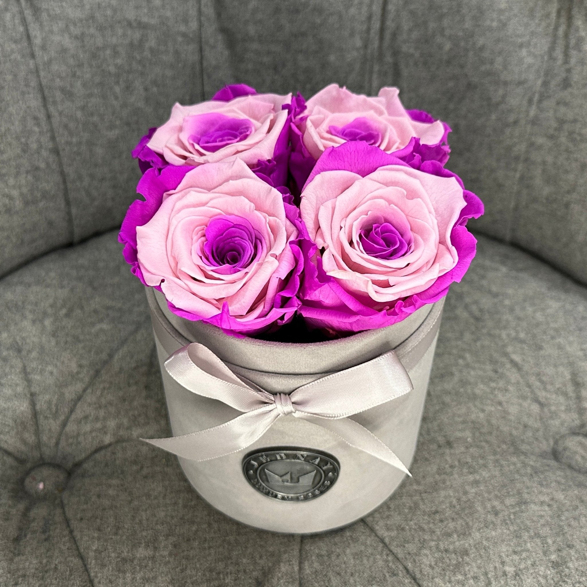 Petite Grey Suede Forever Rose Box - Candy Floss Eternal Roses - Jednay Roses
