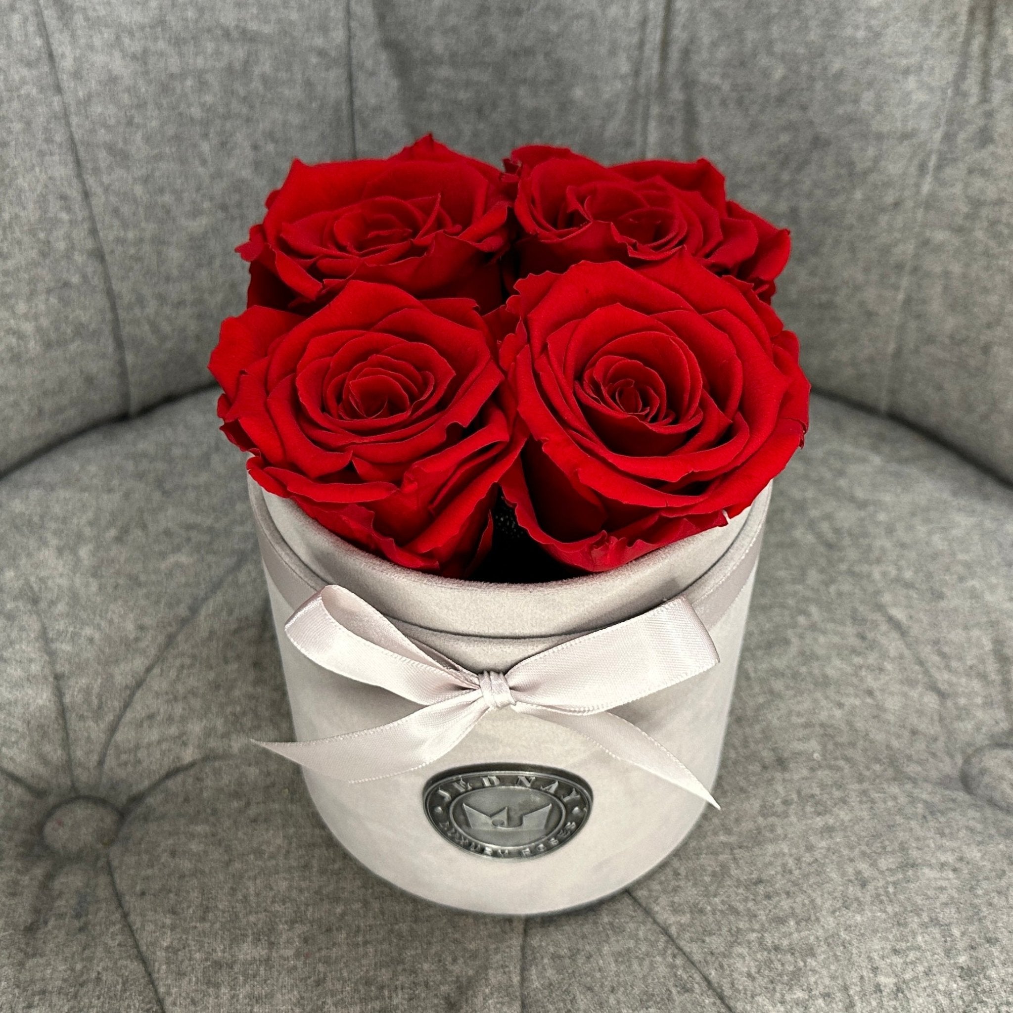 Petite Grey Suede Forever Rose Box - Classic Red Eternal Roses - Jednay Roses